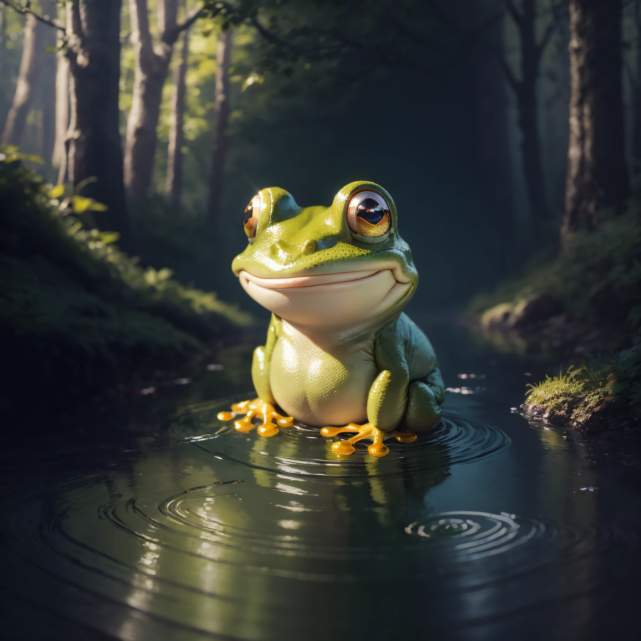 once upon a time a small smiling green frog, in a puddle in the middle of a
beautiful forest , in the style of digital painting, joyful, robert munsch, charming anime
characters, lit ???, alexandr averin, colorful brushwork --auto --s2