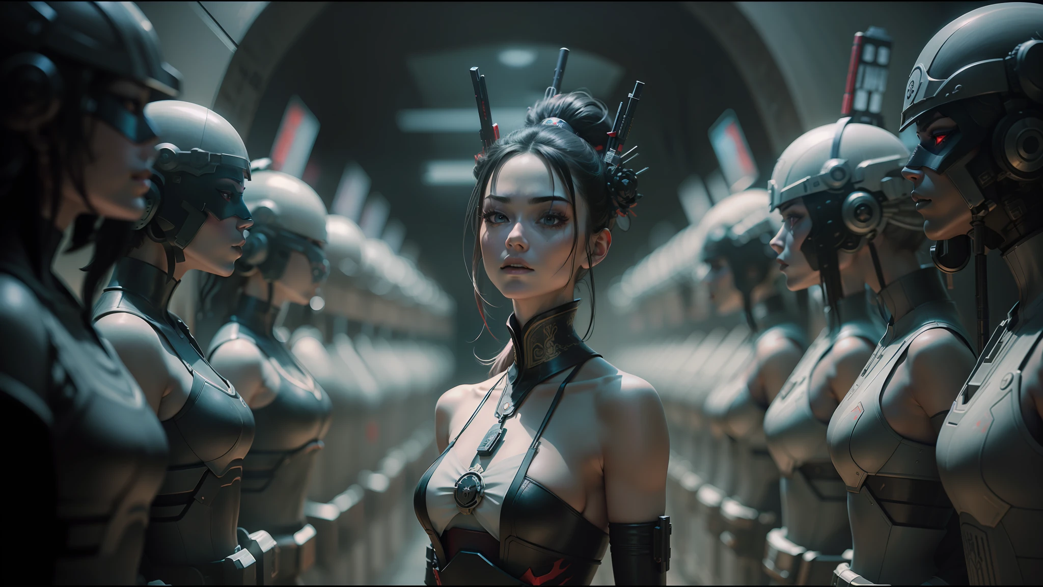 there is a woman in a red dress standing in a hallway holding a gun, very beautiful cyberpunk samurai, organic porcelain, oktane render, anamorphic, by Jan Tengnagel, moody::alejandro jodorowsky, shirow masamune, ((a beautiful empress of fantasy )), symmetric, biophilia, 2049, render --ar 16:9 --auto --s2