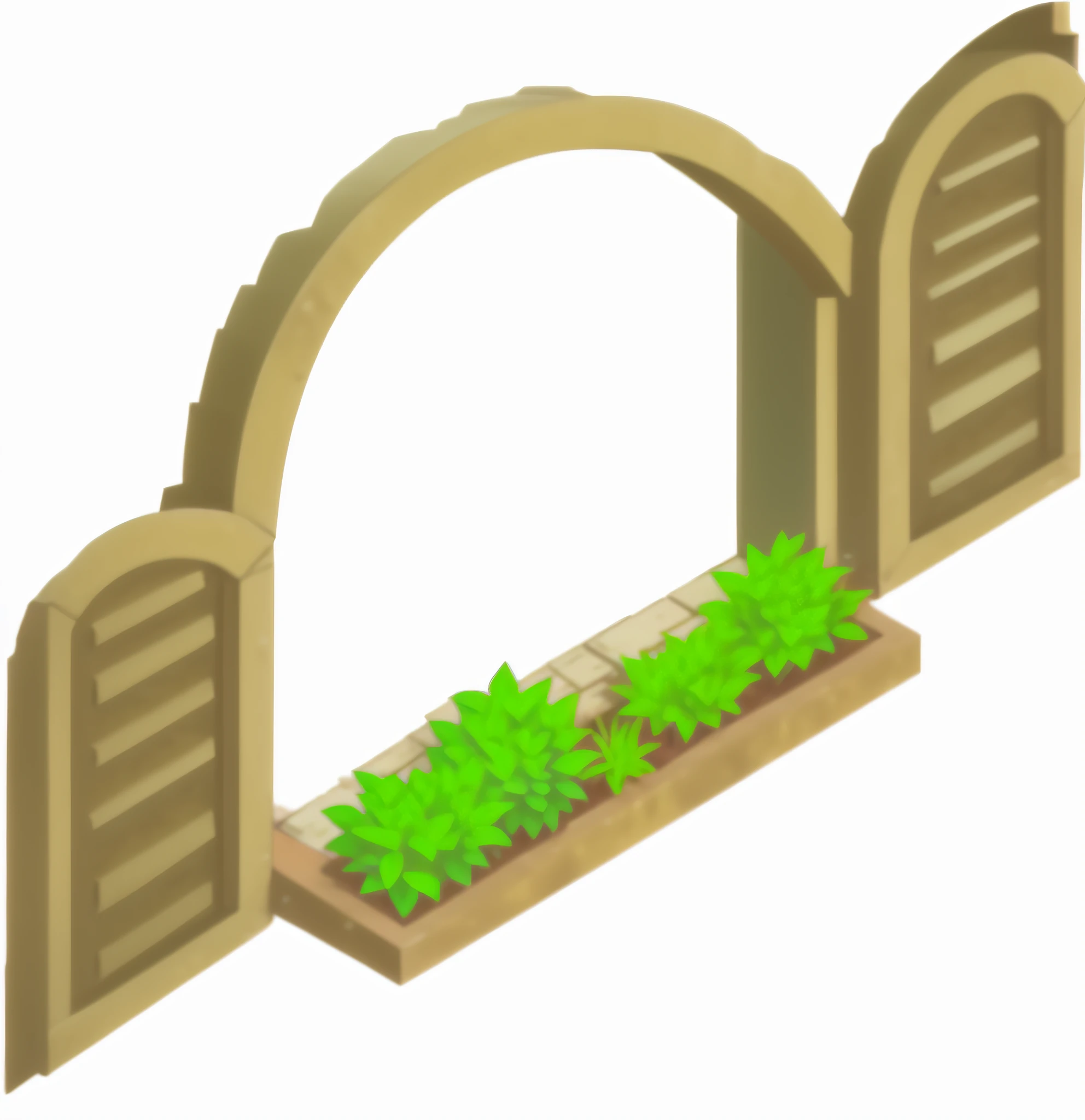 cartoon image of gate with greenery, drawn image, window open, window, game asset, rpg project, looking outside, doorway, farm, balcony door, art depiction, cad, gardening, open door, project, interior, entrance, gate, game icon asset, gardening, clear structure, neat edges, symmetrical structure, 3d cartoon style