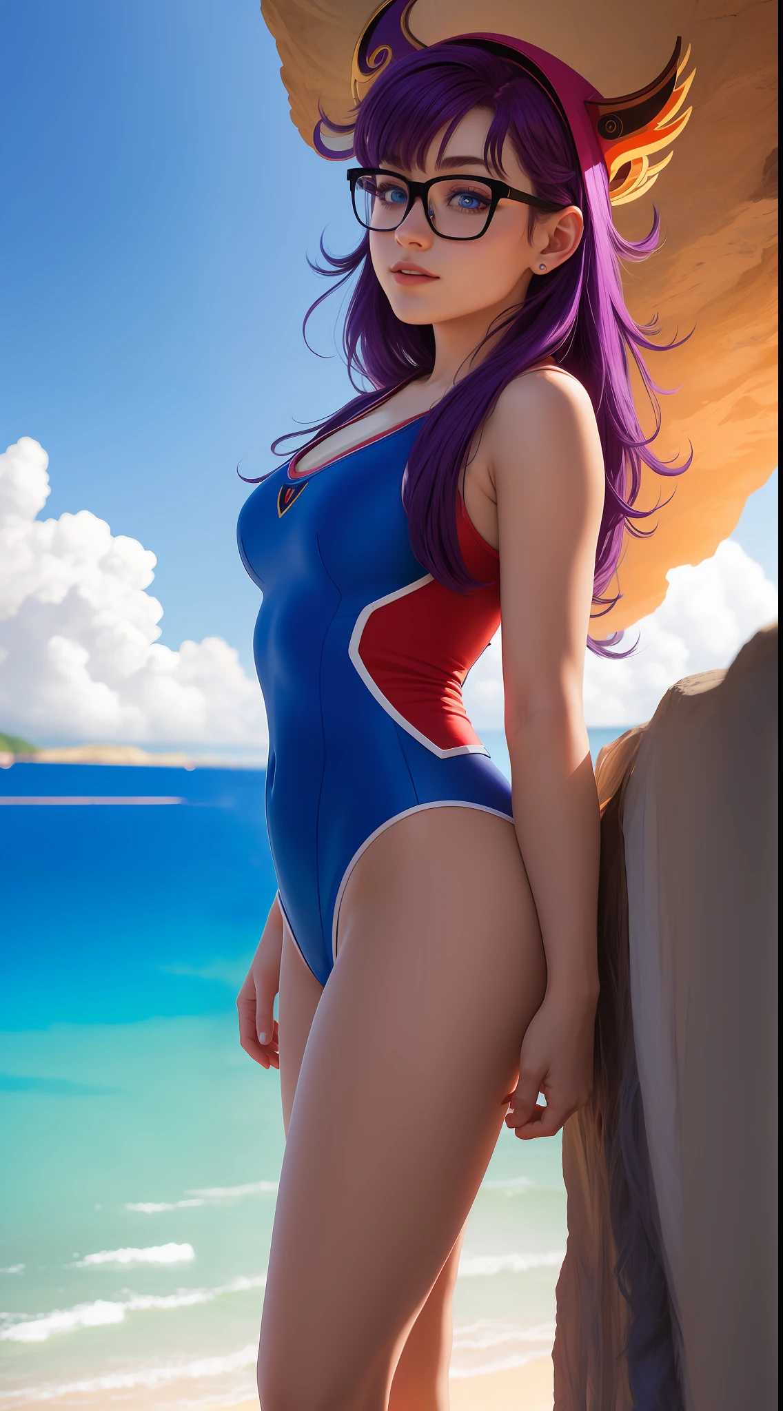 Arale,(masterpiece:1.4)(best quality:1.4),(top quality), 1girl,glasses,blue eyes, long hair,purple hair, smiles,short sleeves, wing hat,8k, realistic, (big blue eyes:1.3), extremely attractive, very detailed, a  girl in swimsuit, superhero theme, 16 years ol, ray traced image of Arthur Pan, trending on Artstation, Digital art, red and cinematic lights, dramatic shadows and beautiful vibrant colors, The color captures the scene, Romantic Art Style, Intricately detailed woman, view from the side, full body, slender body, beach scenery,