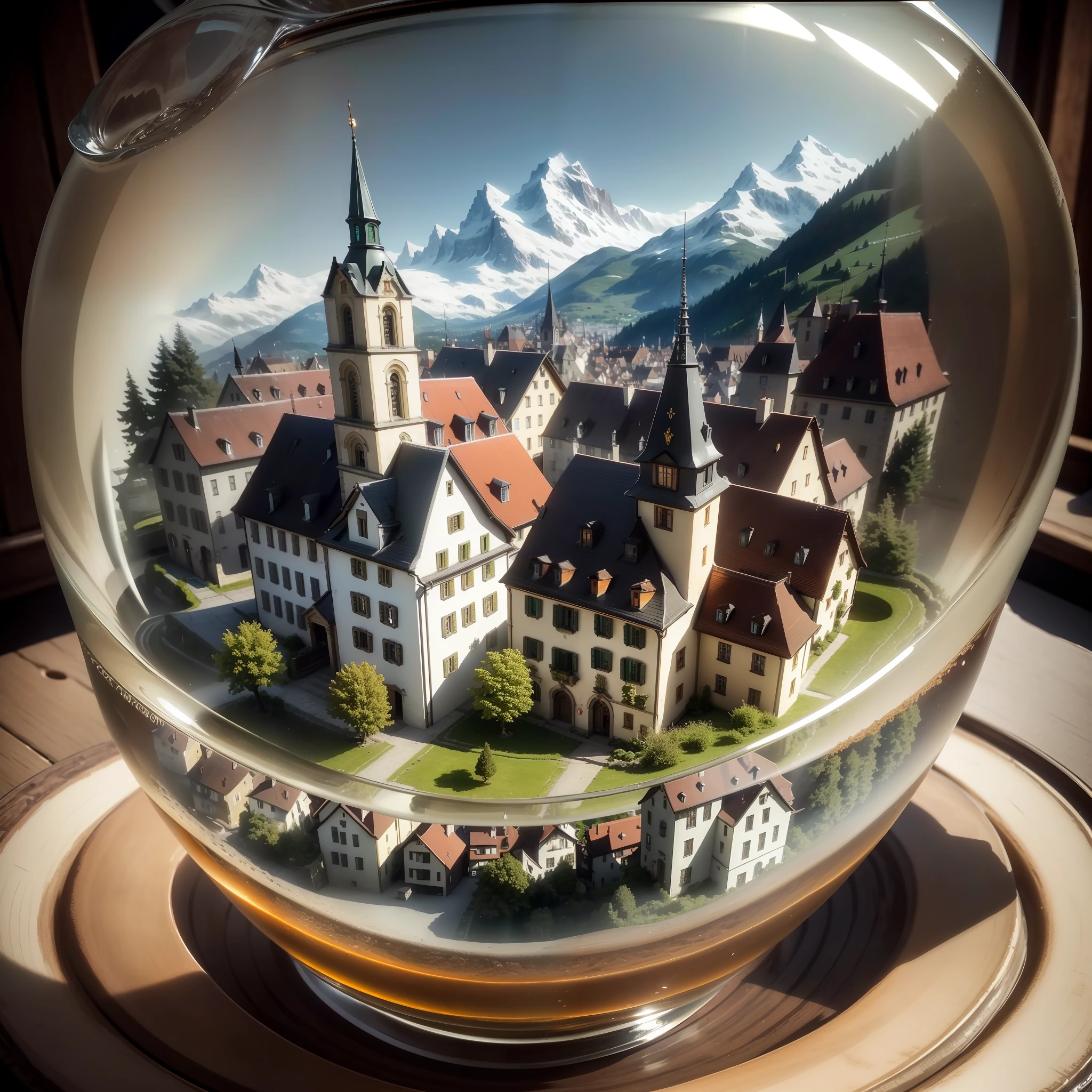mini\(ttp\), (8k, RAW photo, best quality, masterpiece:1.2), ((miniature switzerland city in a glass bowl sitting on old books)), mystic, out of focus book case,