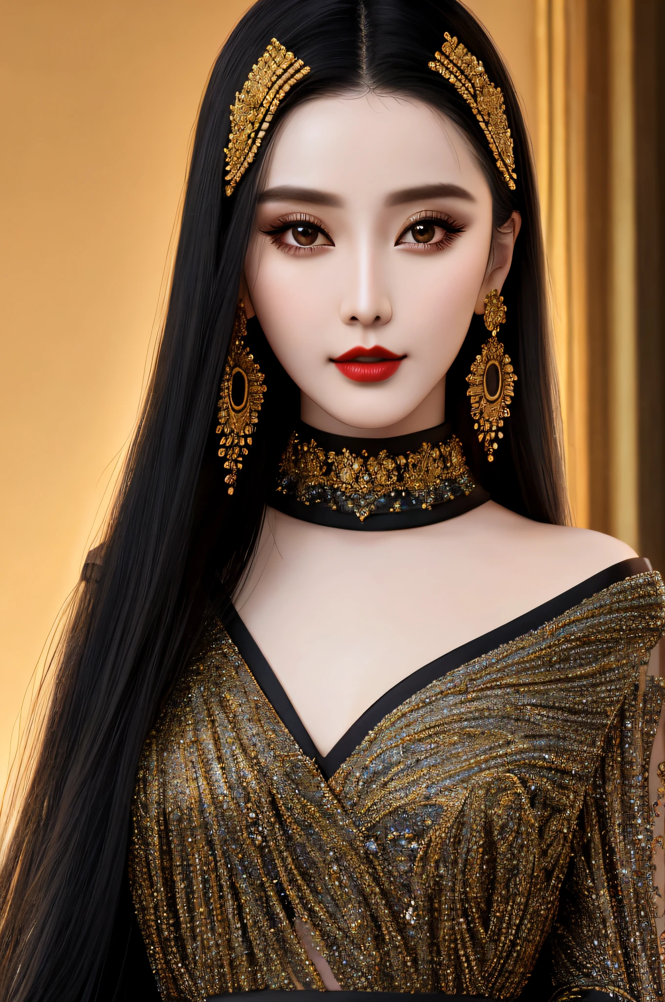 Masterpiece, high quality, 4K, beautiful design, shiny, from the front, award winning photo, extremely detailed, amazing, fine detail, absurdres, highly detailed woman, extremely detailed eyes and face, by lee jeffries nikon d850 film stock photograph 4 kodak portra 400 camera f1.6 lens rich colors hyper realistic lifelike texture dramatic lighting unrealengine trending on artstation cinestill 800 tungsten, solo, 1girl,
fanbingbing, a woman in a black dress and gold jewelry , wearing fanbingbing fashion