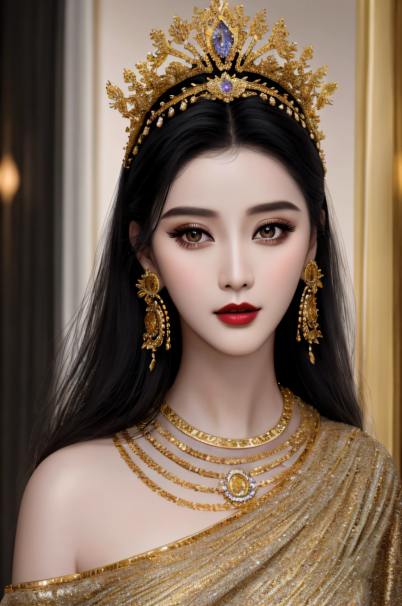 Masterpiece, high quality, 4K, beautiful design, shiny, from the front, award winning photo, extremely detailed, amazing, fine detail, absurdres, highly detailed woman, extremely detailed eyes and face, by lee jeffries nikon d850 film stock photograph 4 kodak portra 400 camera f1.6 lens rich colors hyper realistic lifelike texture dramatic lighting unrealengine trending on artstation cinestill 800 tungsten, solo, 1girl,
fanbingbing, a woman in a black dress and gold jewelry , wearing fanbingbing fashion