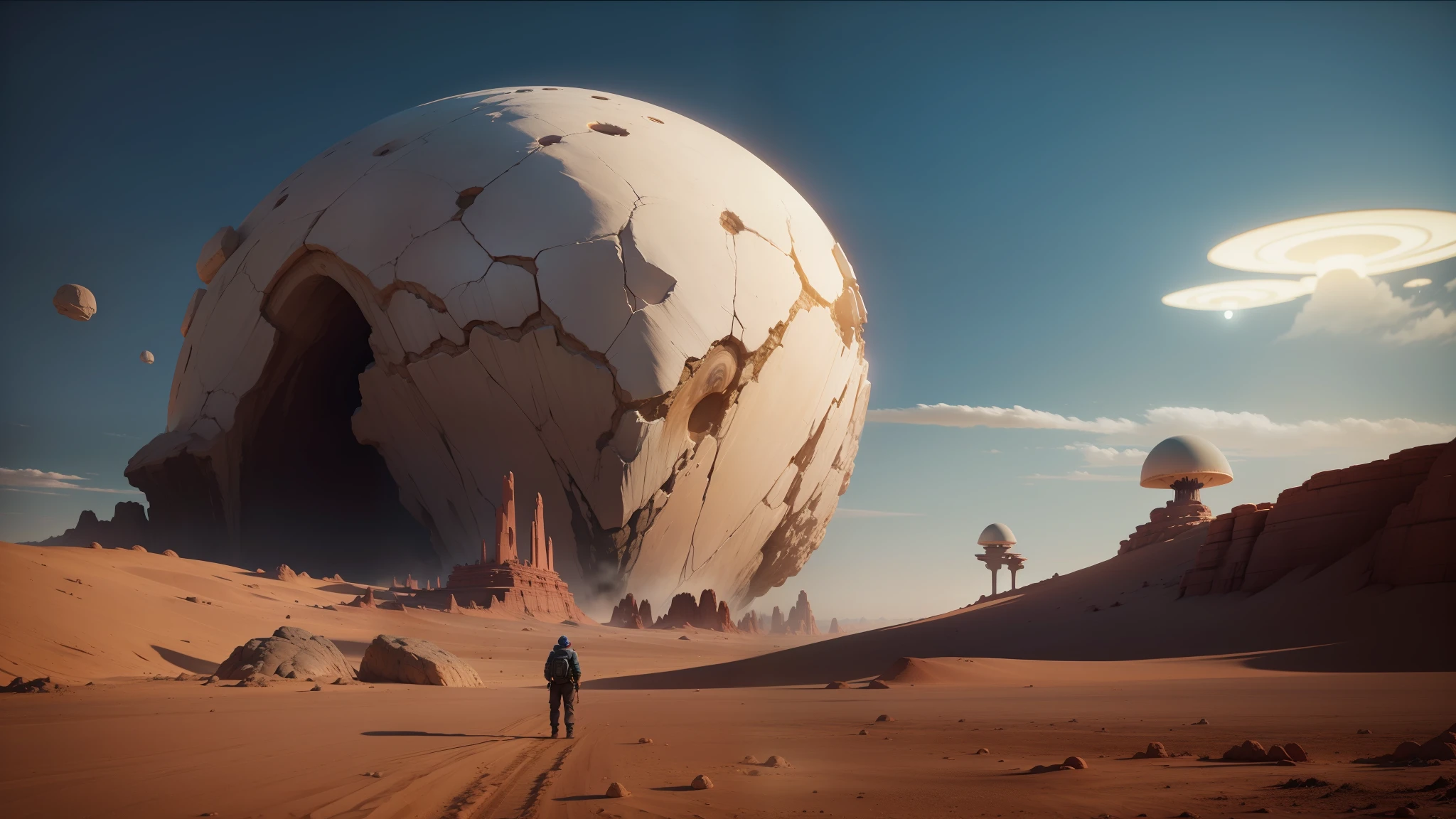 there is a man standing in front of a giant rock formation, beeple and mike winkelmann, from a 2 0 1 9 sci fi 8 k movie, shai hulud, giant mushroom, affinity photo, anamorphic, large globe, cgsociety!, deserted planet, sidefx, face made out of planet, in style of brad rigney --auto --s2