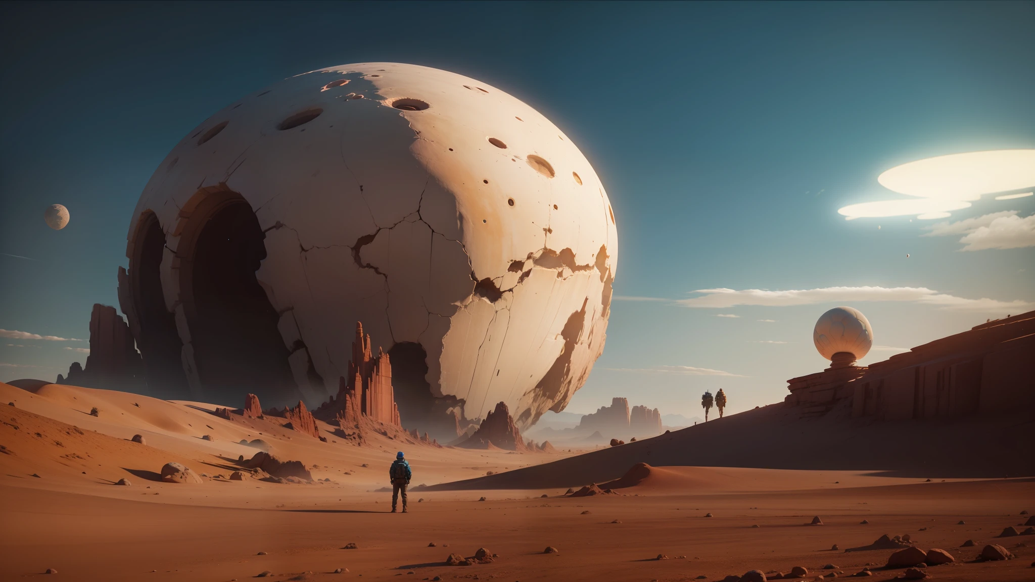 there is a man standing in front of a giant rock formation, beeple and mike winkelmann, from a 2 0 1 9 sci fi 8 k movie, shai hulud, giant mushroom, affinity photo, anamorphic, large globe, cgsociety!, deserted planet, sidefx, face made out of planet, in style of brad rigney --auto --s2