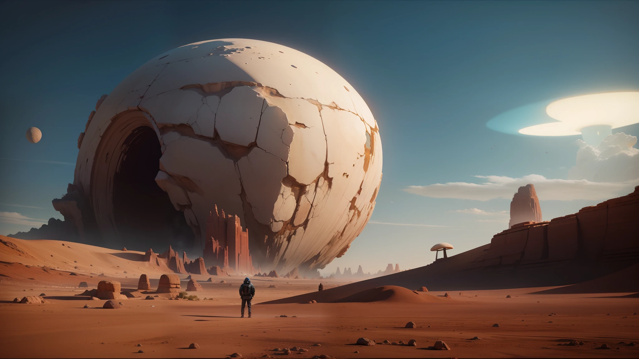 there is a man standing in front of a giant rock formation, beeple and mike winkelmann, from a 2 0 1 9 sci fi 8 k movie, shai hulud, giant mushroom, affinity photo, anamorphic, large globe, cgsociety!, deserted planet, sidefx, face made out of planet, in style of brad rigney --auto --s2