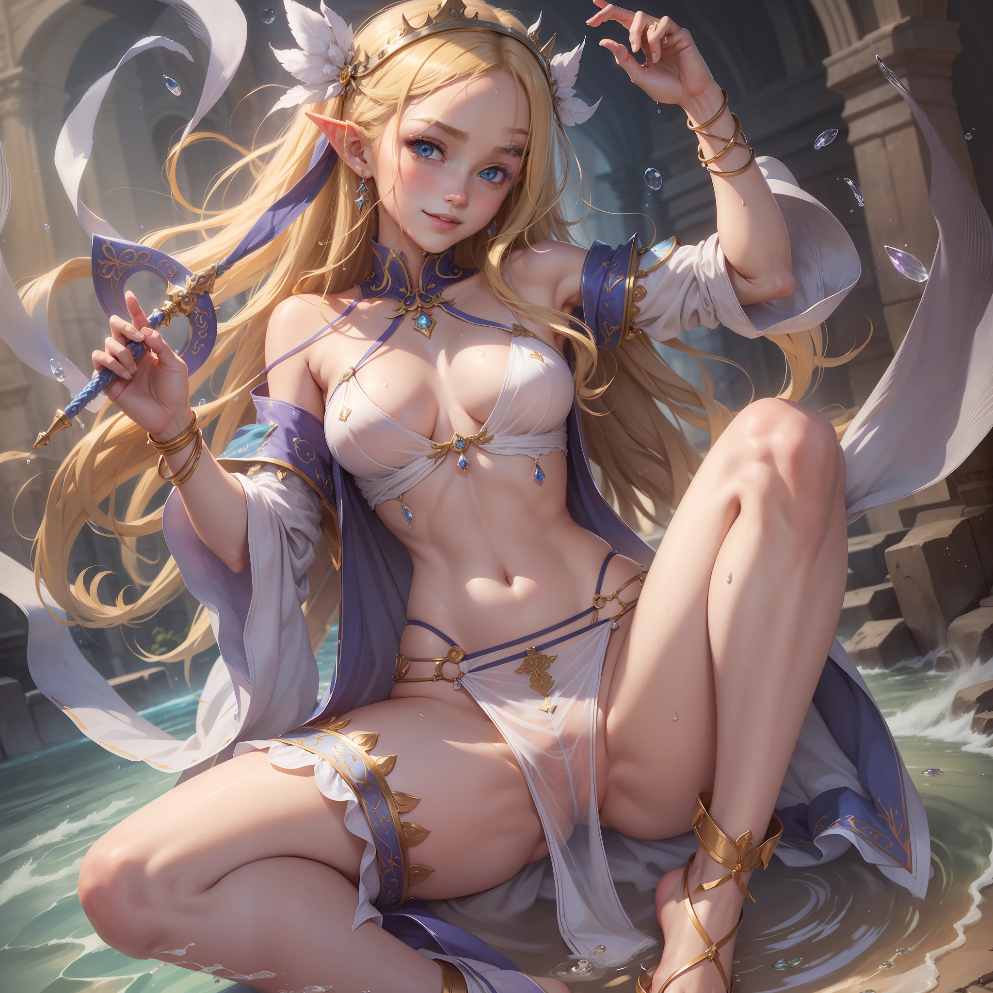 2D illustration, anime style, beautiful girl, elf, 12 years old, blonde, blue eyes, hair ornament, smiling, chest open, whole white ultra-thin fabric, see-through ancient style robe, (without panties)), (the tip of the chest is protruding)), (the entire chest is showing through), floating hem, holding a magic wand in one hand, collar, bangle, anklet, bare feet, ((Close-up of a person, Low angle, crotch up, exposed closed crotch, crotch droplets,)) Wet body, wet clothes, medieval cityscape with traffic, wind blowing, ambient occlusion, halation