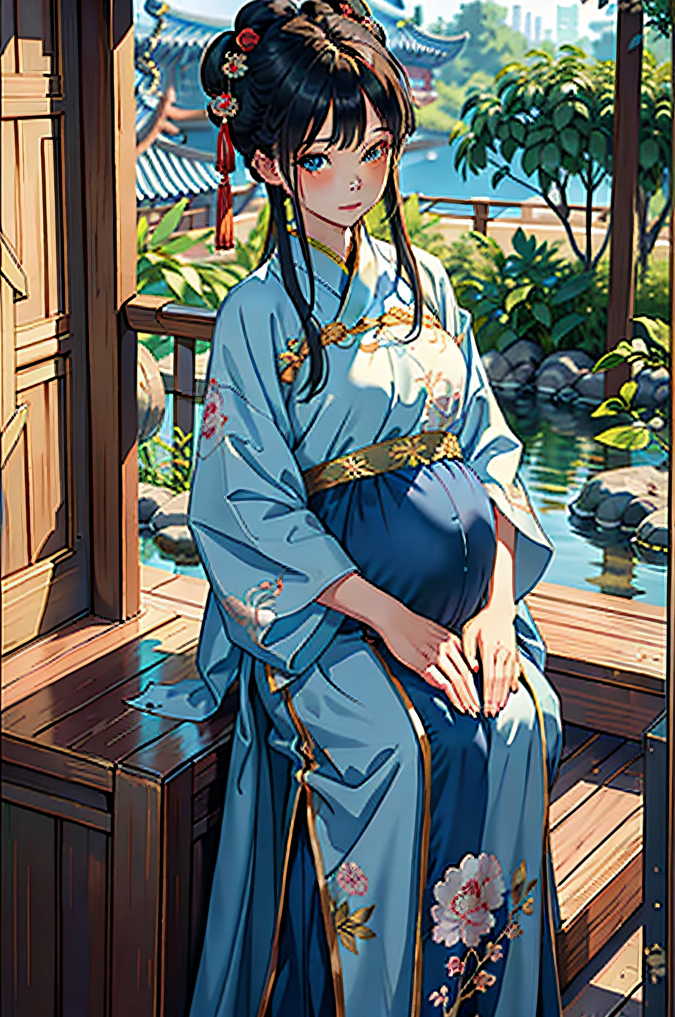 (Masterpiece, best quality: 1.2), denim shot, solo, female focus, 1  girl, calm expression, charming eyes, straight hair (Hanfu, Ming style), (Chinese style), (ancient Chinese background), porcelain-like skin, subtle blush