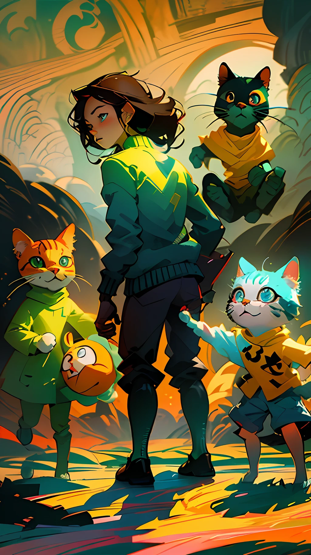 Impressionist Cartoon Whimsical Cat Family, in the style of Andy Kehoe and Skottie Young, Keith Haring, Stylized, detailed, Adventure Time, Layered 2d art, Zao Wou-Ki