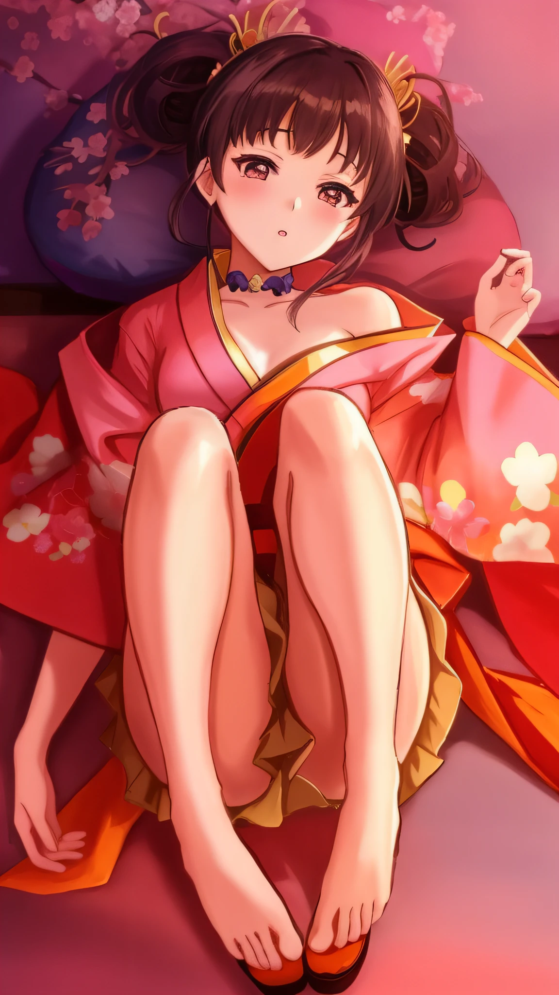 anime girl in kimono outfit sitting on a bed with her feet up, in kimono, in a kimono, beautiful anime girl squatting, seductive anime girl, hanayamata, the anime girl is crouching, anime moe artstyle, from sengoku period, wearing simple robes, beautiful alluring anime , beautiful alluring anime woman, wearing a simple robe