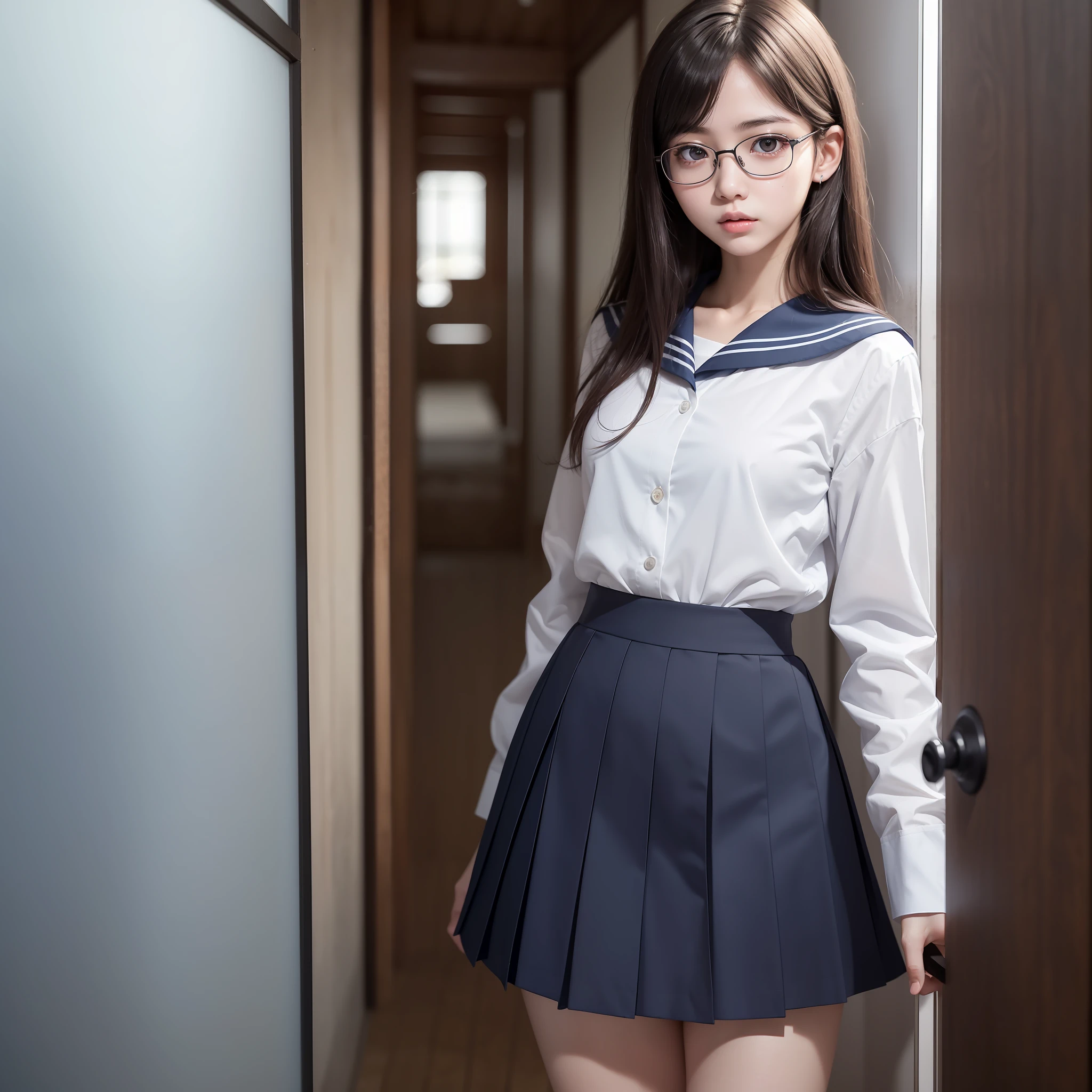 (), (Uncensored), ((Half Eyes)), (Narrow Eyes)), ((Solo)), (Small), (Flat Breasts), (1 Girl),(Full Body),Raw Photo, Candid, ,Textured Skin, (Medium Hair:1.2), Pale Skin, Japan People, Glasses, Young, Tall, Dark Expression, Bright Black Eyes, Anger,Sticking Out Your Ears, Sailor Uniform,School Uniform,Blue and Light Blue Check Skirt ,Slender Body, Medium Build, Small Waist, Wide Thighs, Photorealistic, Top Quality, 8K, Masterpiece