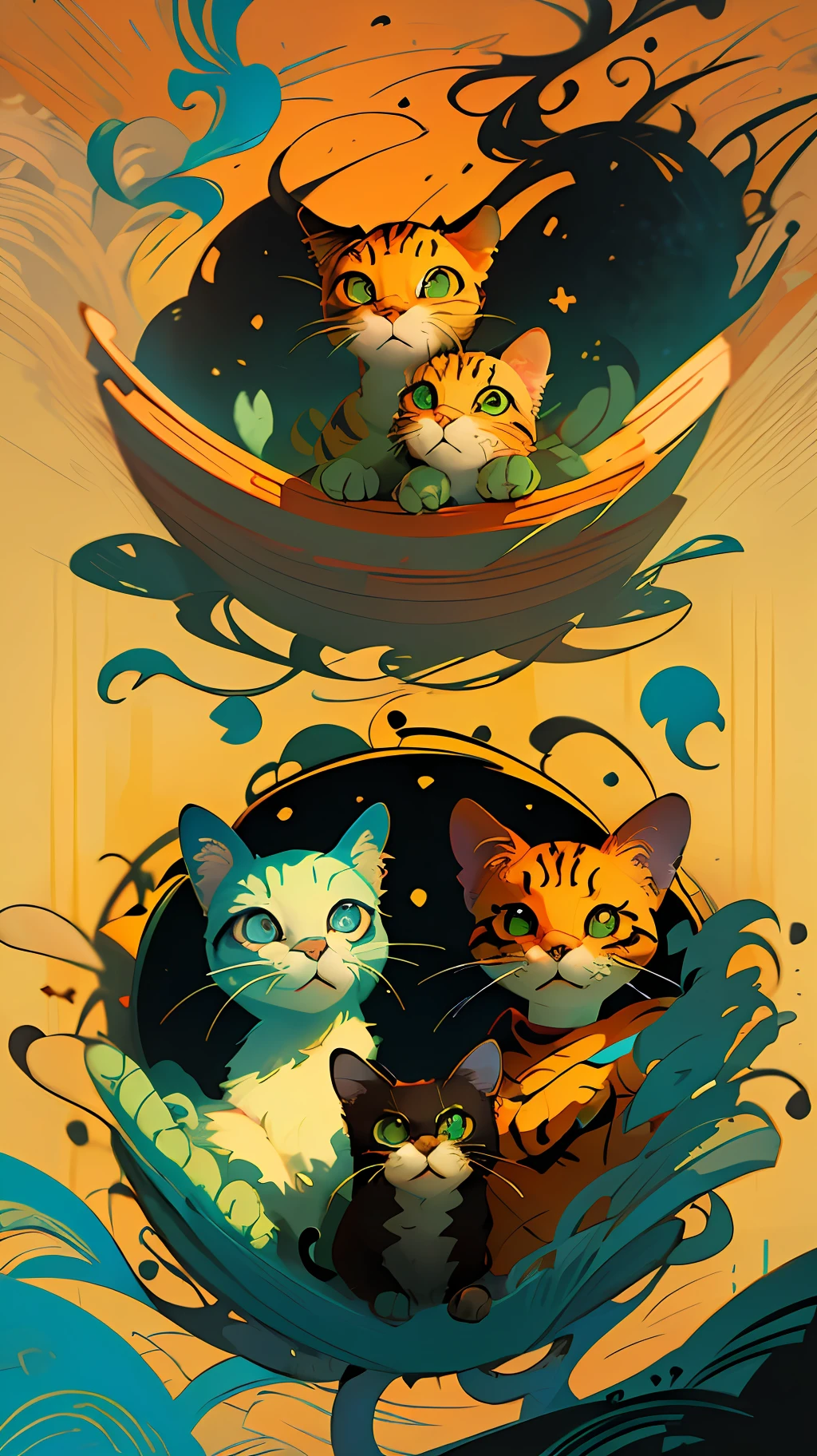 Impressionist Cartoon Whimsical Cat Family, in the style of Andy Kehoe and Skottie Young, Keith Haring, Stylized, detailed, Adventure Time, Layered 2d art, Zao Wou-Ki