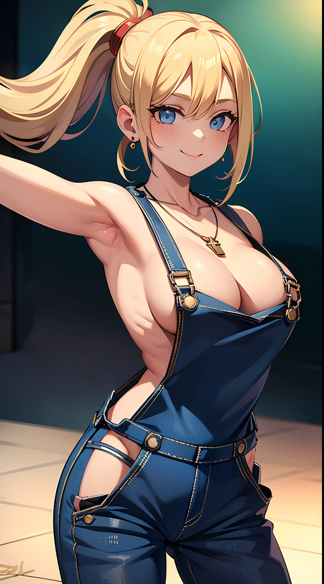 1girl, masterpiece, best quality, medium full shot, blonde ponytail, naked, ((overalls, sexy body, necklace, earrings, armpits)), smiling, busty, (breasts:1.4)