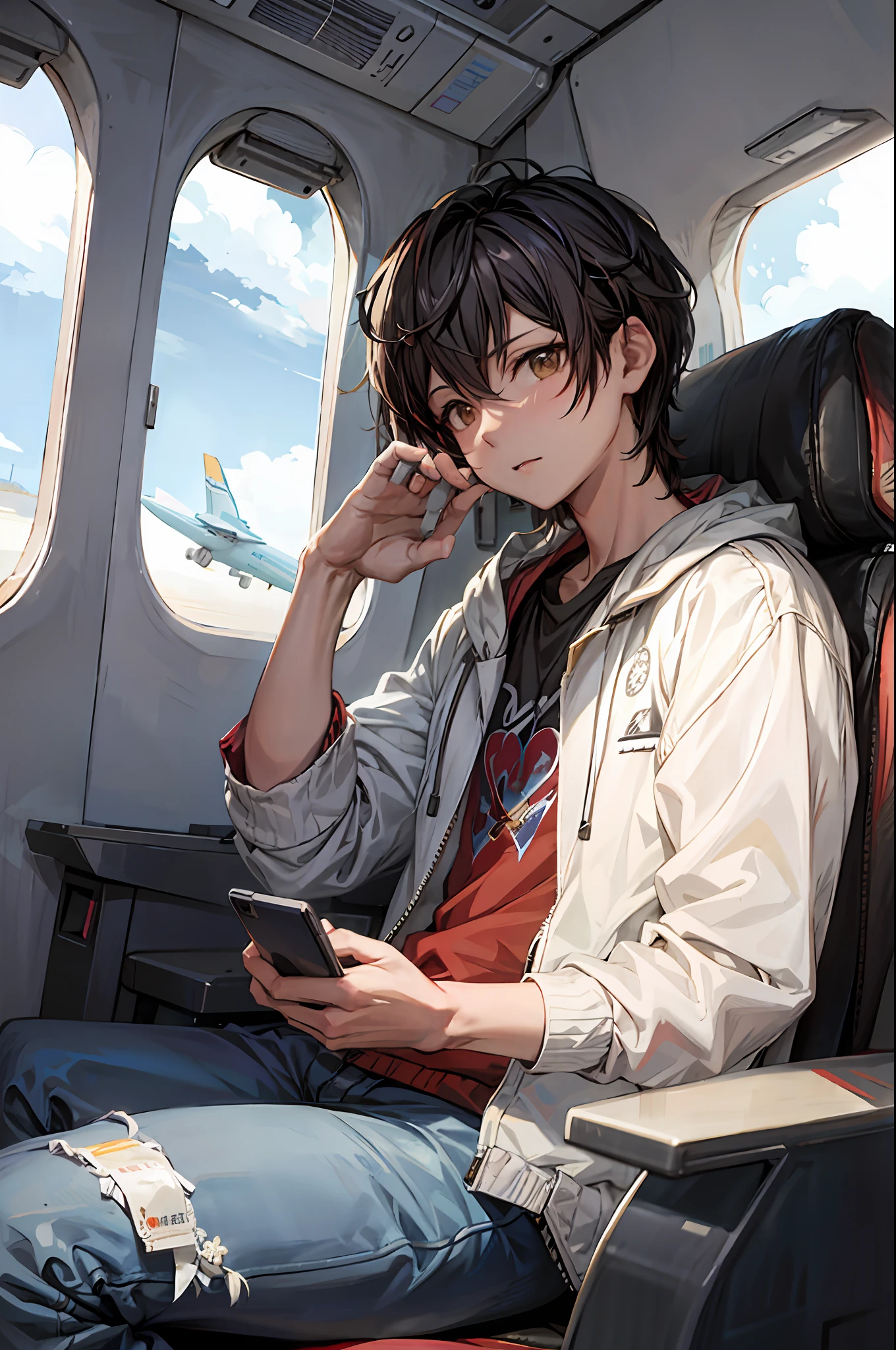 anime character sitting on a plane looking with and to a cell phone, high quality anime art, brown eyes, young anime man, makoto shinkai (apex legends), guweiz style art, digital anime illustration, moe artstyle anime, detailed digital anime art, kawacy, cute anime pose, makoto shinkai style, makoto shinkai art style,  official art, add_detail:1, serious expression, profile, looking at cell phone