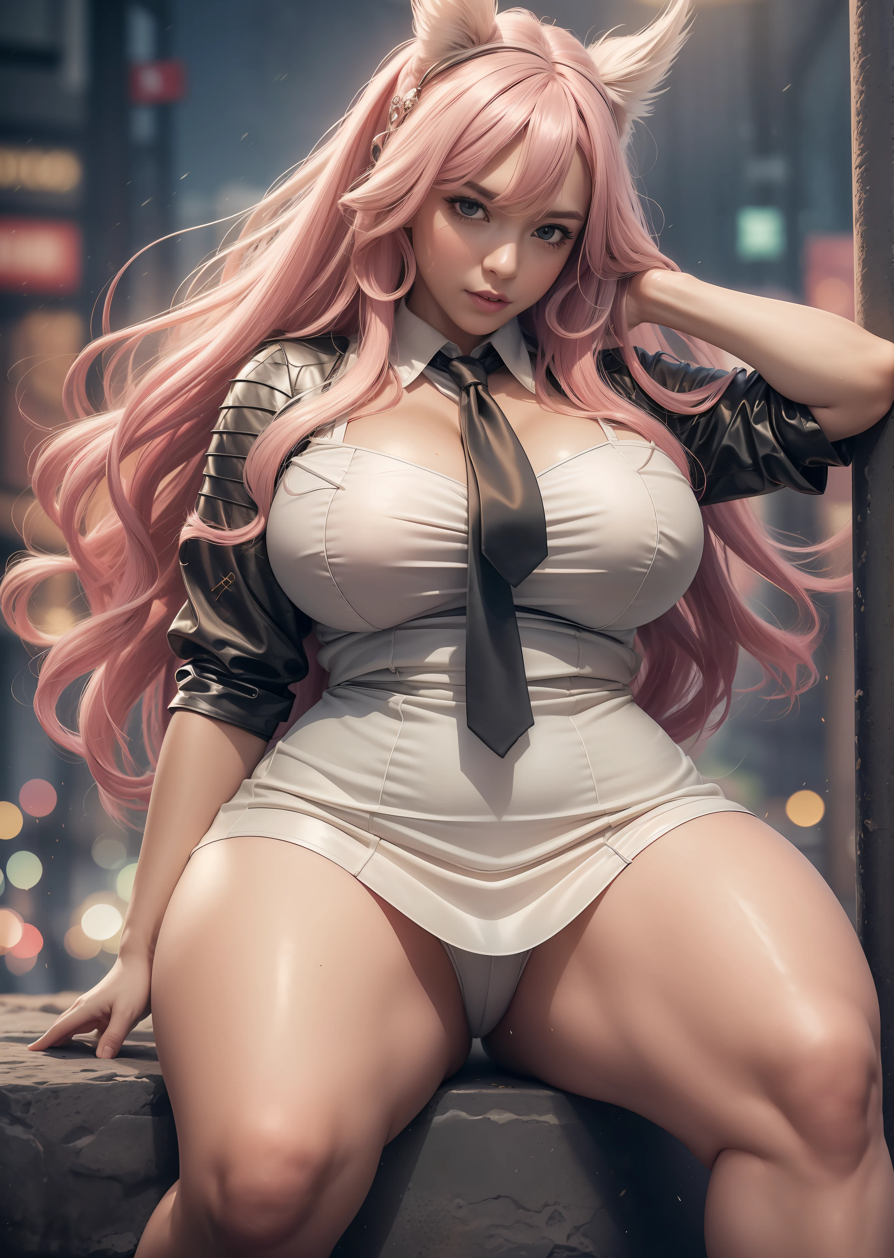 (8k, RAW photo, best quality, masterpiece:1.2), (realistic:1.3), (photorealistic:1.3), ultra-detailed, (high detailed skin:1.2), 8k uhd, dslr, soft lighting, high quality, film grain, Fujifilm XT3, best quality, beautiful lighting, 1girl, long hair, side_swept_hair, ((pink hair)), pink eyes, normal ears, smug, full body, bbw, hugebreasts, exposed cleavage, outdoor, city, posing, night, thick thighs, nice legs, beautiful legs, shiny legs, teasing with legs, no skirt, black shirt, open shirt, business woman, white shirt, tie, knee, spread the legs --auto --s2