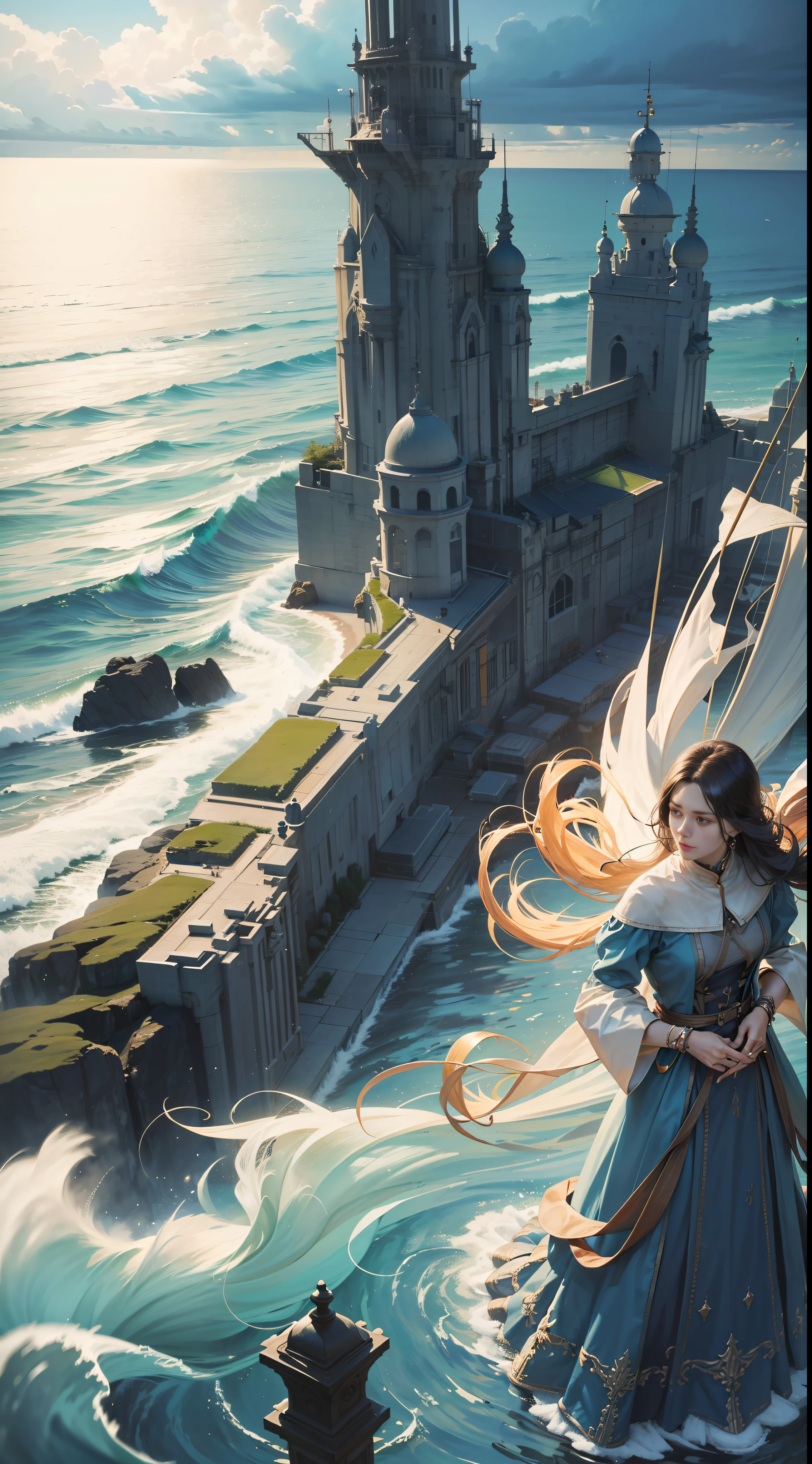 A close up of a woman in a dress standing in the water near a castle ...