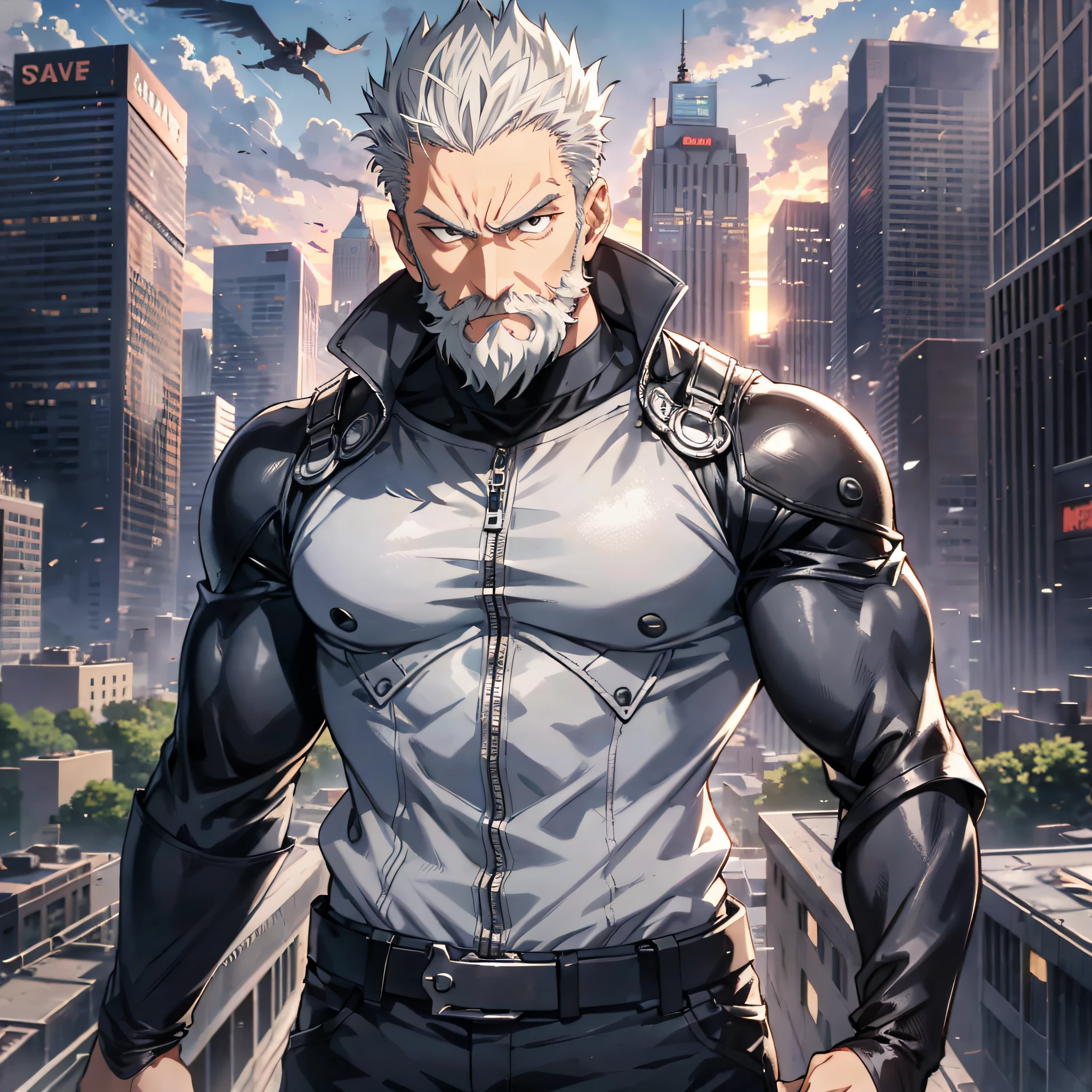 sbang (one punch man), 1boy, solo, beard, gray hair, short hair, old man, muscular, ((male focus)), midbody, standing, ((black eyes)), ((gray eyes)), black shirt, on frame, fighting stance, city, sunset, blue sky, destroyed city, beard, old, scar, masculinity, abs, ((five fingers)), long sleeves, mustache, old