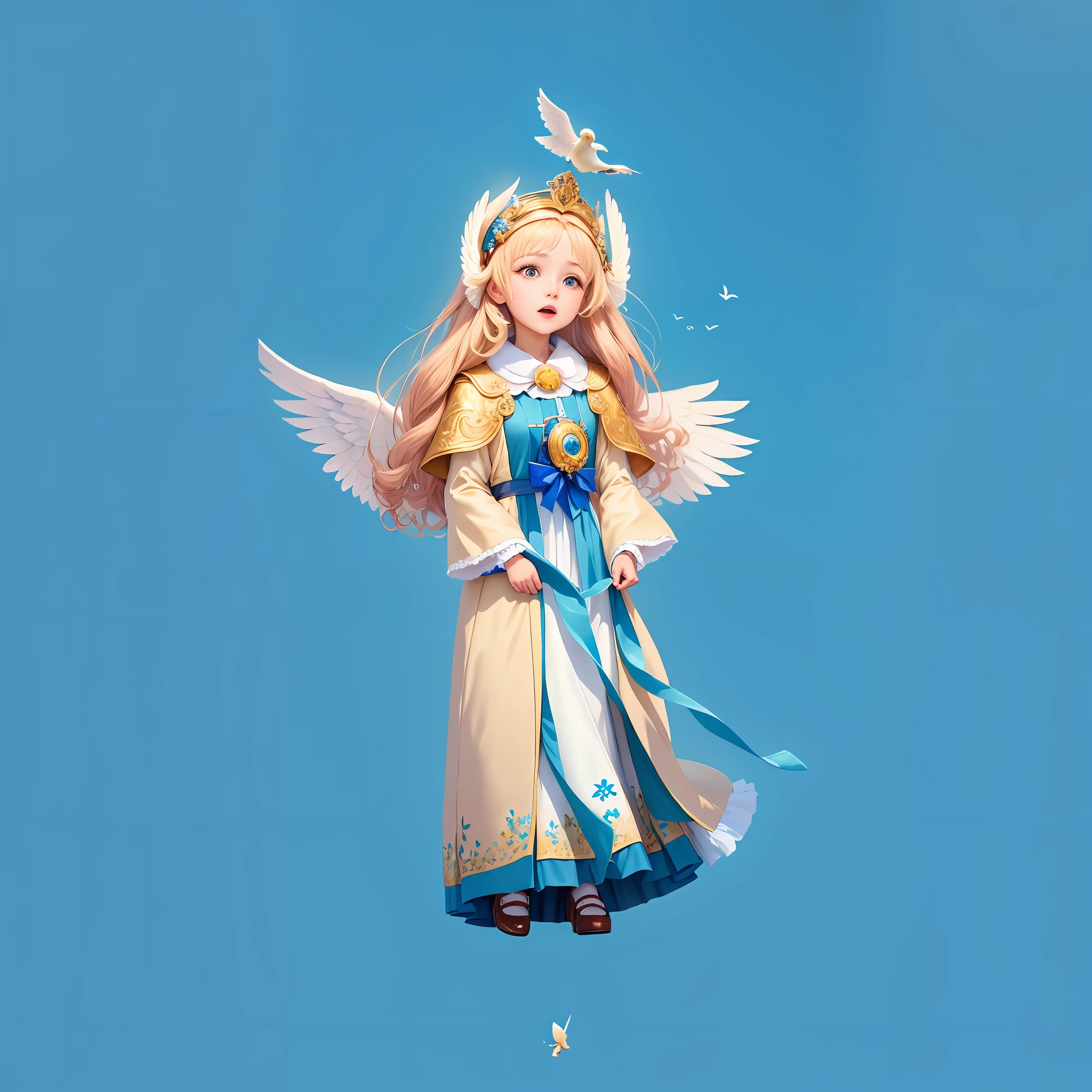 A beautiful picture of the poster level appeared, with a pair of white wings in the sky, sharing an infinite beauty with the "blind box girl". A golden girl is graceful, dressed in a gorgeous coat and holding a blue package, becoming a fantastic part of this. She is so delicate, her face is quiet and beautiful, as if she is telling a fascinating story. "