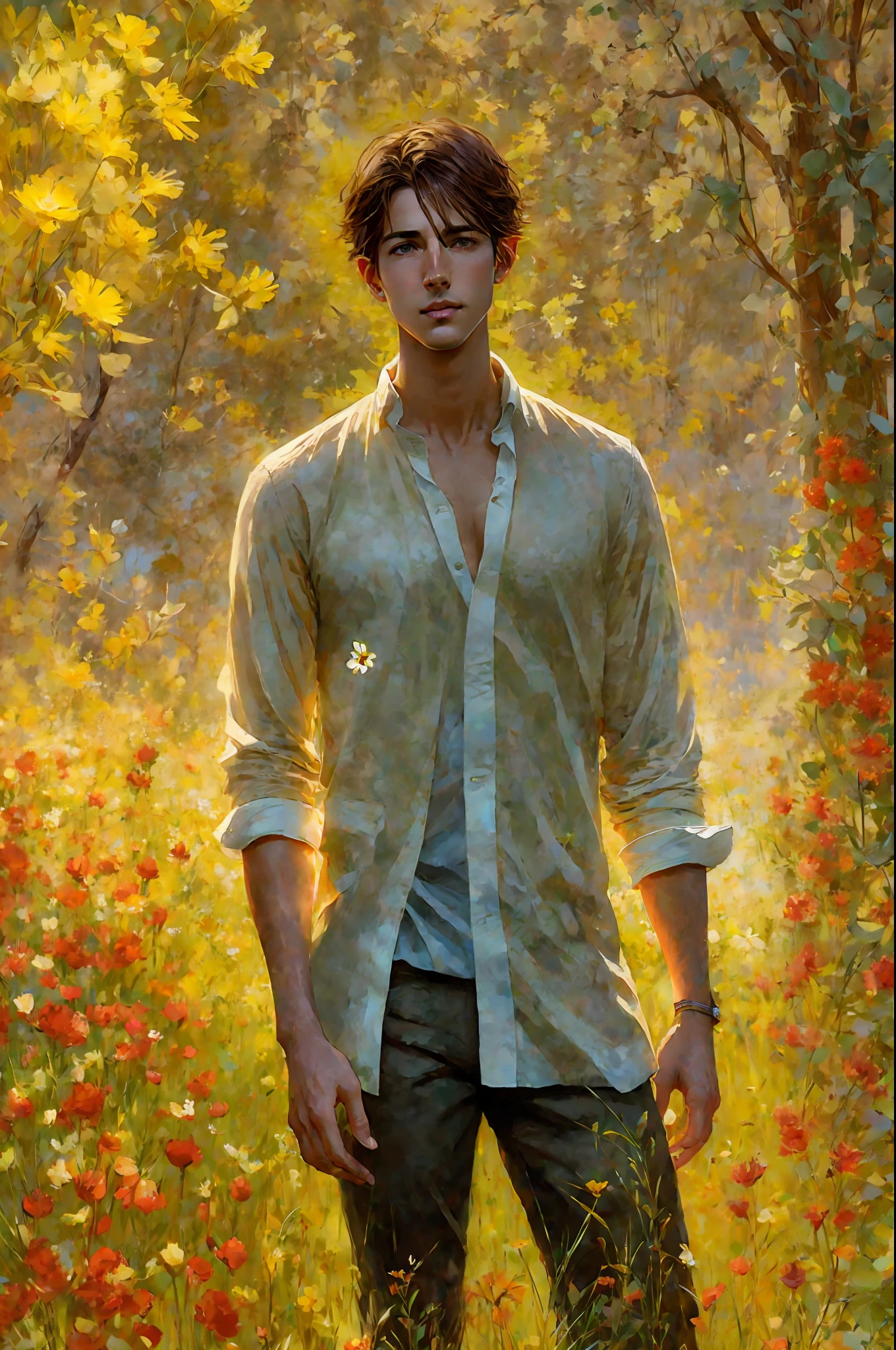 painting of a man standing in a field of flowers in a white shirt, craig mullins dappled lighting, wadim kashin. ultra realistic, brad kunkle elson peter, brad kunkle detailed, by Aleksander Gine, casey baugh and james jean, sergey kolesov, portrait of a slender elven man, slender boy with a pale