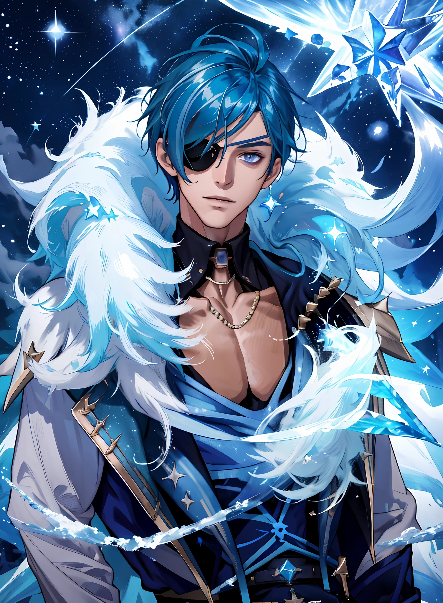 best quality, masterpiece, highres, 1boy,male,solo, mature male, blue hair, taned skin, eyepatch on right eye, casting ice spell at night, stars and galaxy on background, snow swirls around, ice magic, crystals of ice, night time, stars shining, fullboby