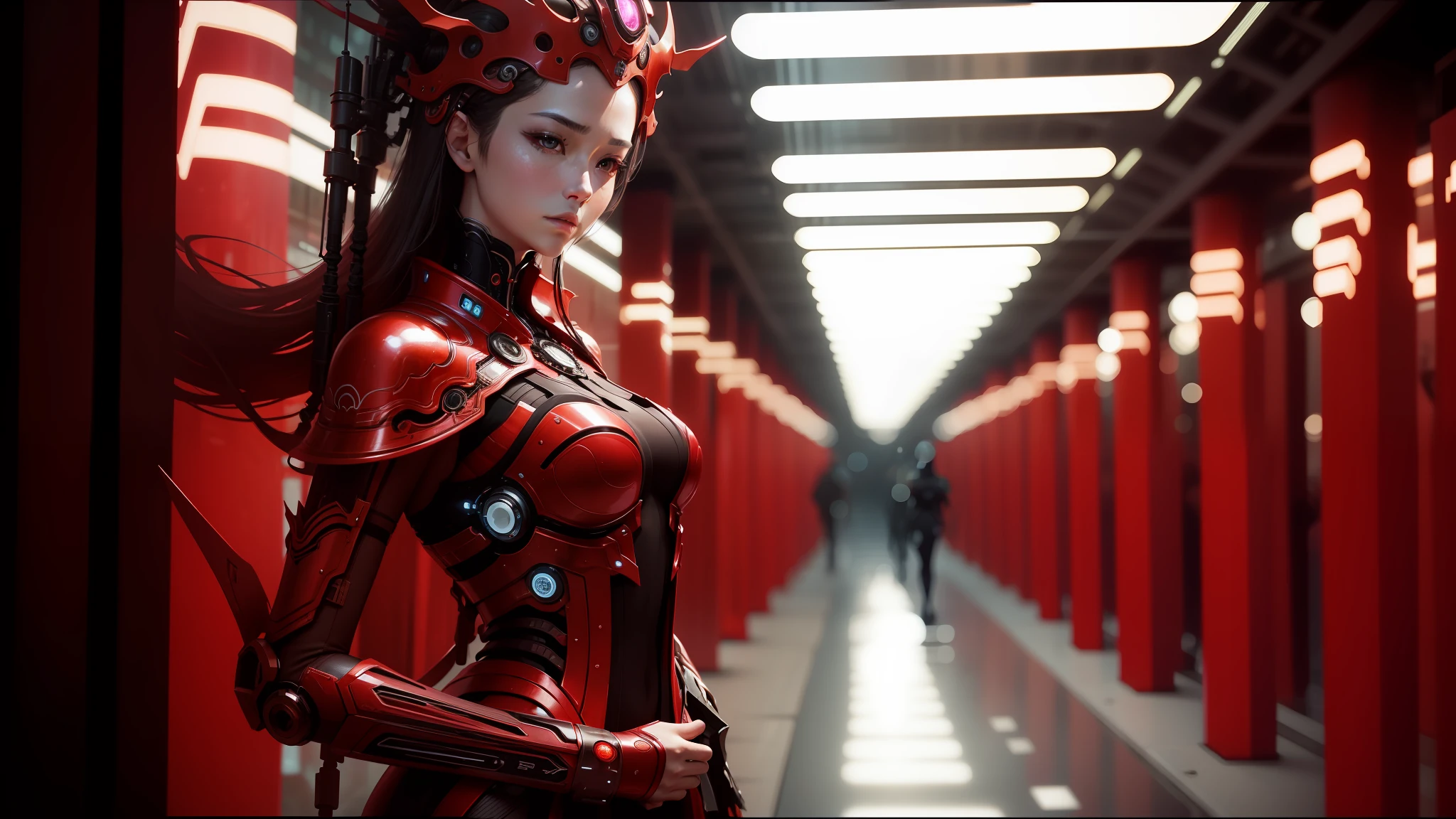 a close up of a woman with a very strange headpiece, cybernetic city background, still frame from a movie, jingna zhang, white biomechanical details, by Gao Qipei, rendering of checkmate, motion graphics, inspired by Luis Royo, by Gai Qi --ar 16:9 --auto --s2