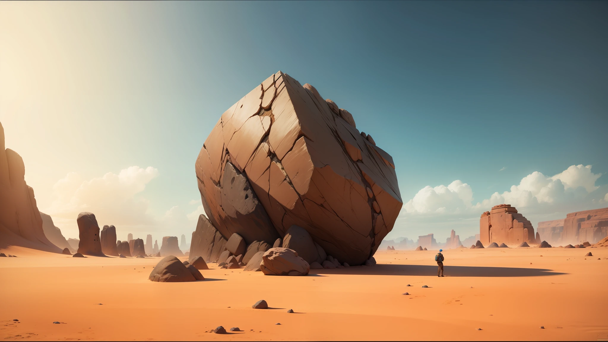 there is a large rock in the middle of a desert, behance contest winner, cgi 8k, inspired by Storm Thorgerson, realistic fortnite, large rocks, by Edward Ben Avram, inspired moebius, fzd school of design, anamorphic, by Youssef Howayek, sidefx, video animation --auto --s2