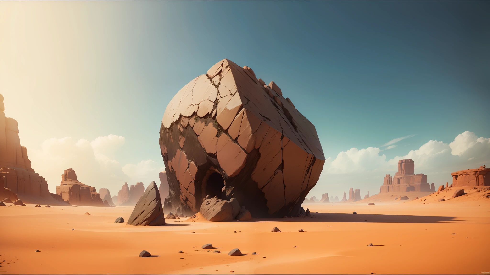 there is a large rock in the middle of a desert, behance contest winner, cgi 8k, inspired by Storm Thorgerson, realistic fortnite, large rocks, by Edward Ben Avram, inspired moebius, fzd school of design, anamorphic, by Youssef Howayek, sidefx, video animation --auto --s2