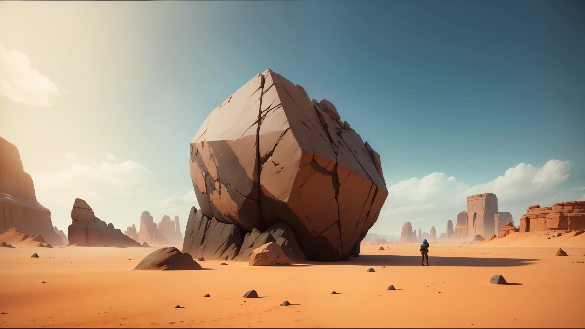 there is a large rock in the middle of a desert, behance contest winner, cgi 8k, inspired by Storm Thorgerson, realistic fortnite, large rocks, by Edward Ben Avram, inspired moebius, fzd school of design, anamorphic, by Youssef Howayek, sidefx, video animation --auto --s2
