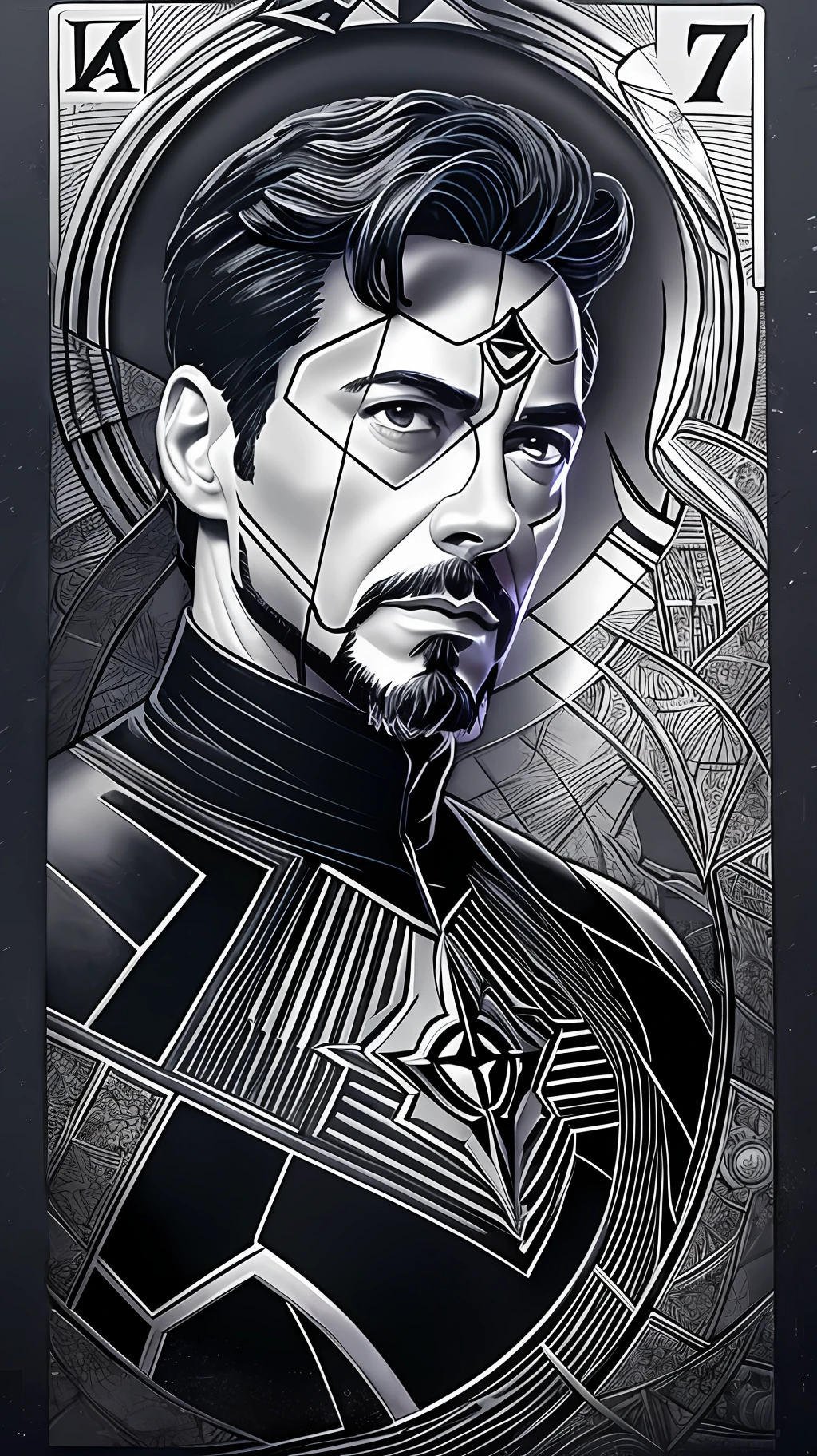 a vantablack tarot card with Tony Stark, gothic black and white, mixed media, photobashing, sculpted, gentle expressions, colorful moebius, luminous portraits, wrapped, stanley artgerm chip zdarsky
