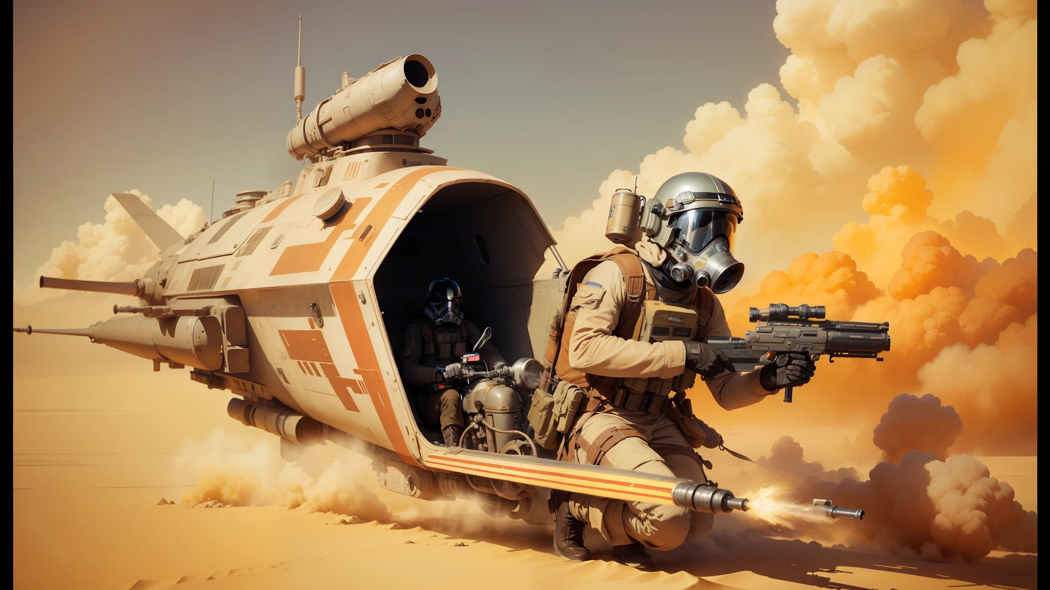 there is a man in a gas mask riding a vehicle with a gun, star wars concept art, in the style of tom bagshaw, speedy aircraft, crossing the desert, promotional images, film still from star wars, war boys, promotional render, flamethrower, winged helmet --ar 16:9 --auto --s2