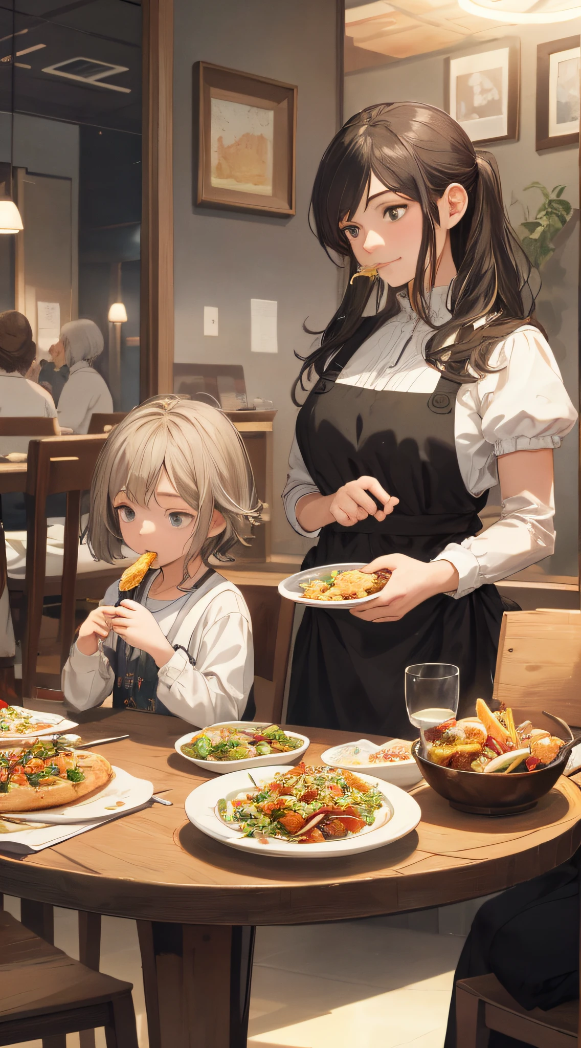 Realistic, (best quality, masterpiece: 1.3), (mother, child: 1.2), eating in restaurants