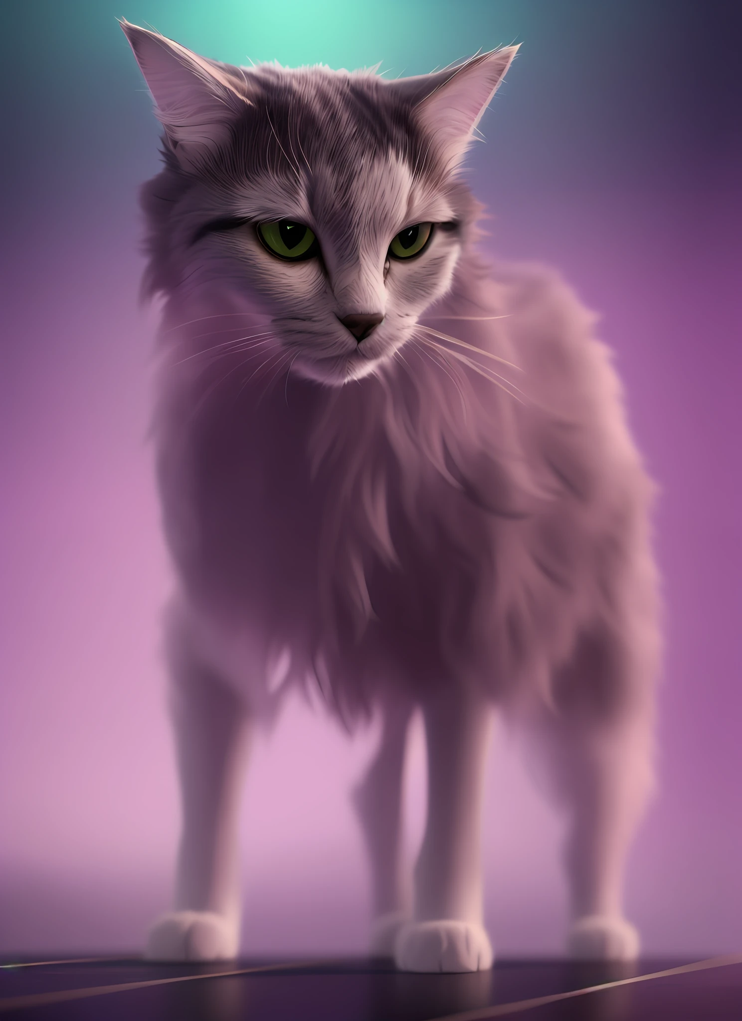 there is a cat that is standing on a table, cat. digital painting, dramatic cinematic detailed fur, furry digital art, twilight ; digital painting, low detailed. digital painting, soft digital painting, smooth. digital painting, ashfur from warrior cats, digital art animal photo, purple cat, realistic. detailed fur, soft 3d render, furry character portrait