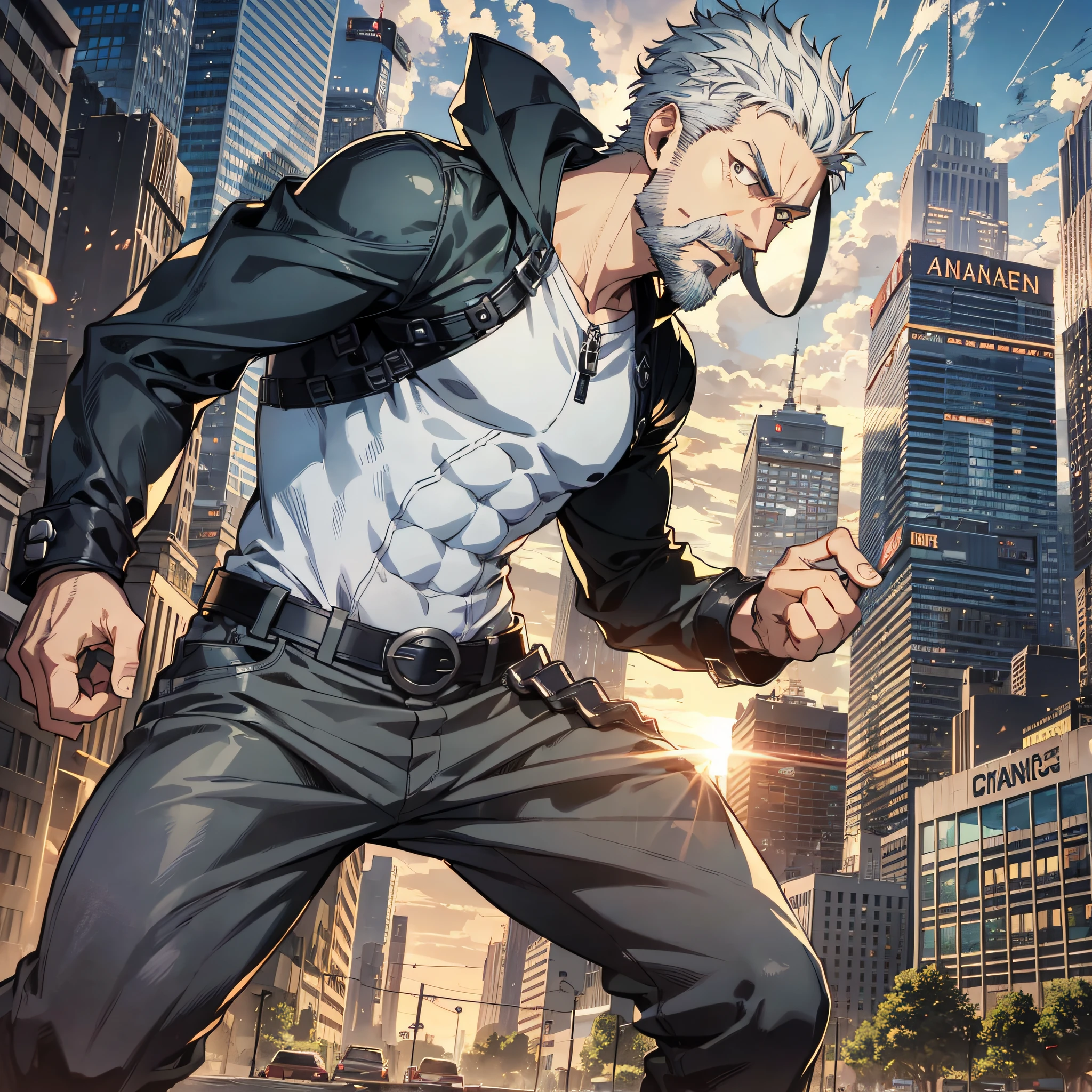 sbang (one punch man), 1boy, solo, beard, gray hair, short hair, old man (1.3), muscular, ((male focus)), midbody, standing, ((black eyes)), ((gray eyes)), black shirt, on frame, battle stance, city, sunset, blue sky, destroyed city, beard, old, scar, masculinity, abs, ((five fingers)), long sleeves, mustache, old, fight with large monsters, fire (1.2)