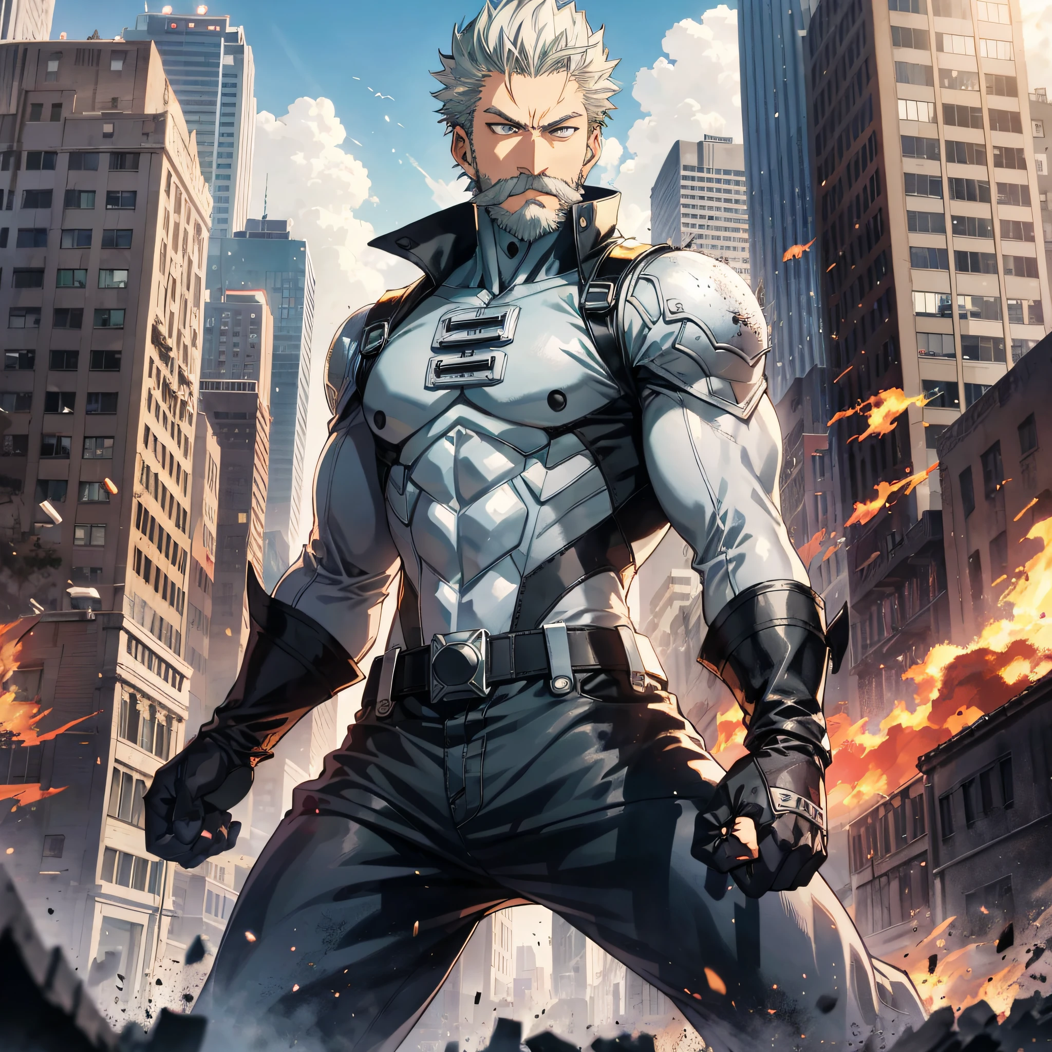 sbang (one punch man), 1boy, solo, beard, gray hair, short hair, old man (1.3), muscular, ((male focus)), midbody, standing, ((black eyes)), ((gray eyes)), black shirt, on frame, battle stance, city, sunset, blue sky, destroyed city, beard, old, scar, masculinity, abs, ((five fingers)), long sleeves, mustache, old, fight with large monsters, fire (1.2)