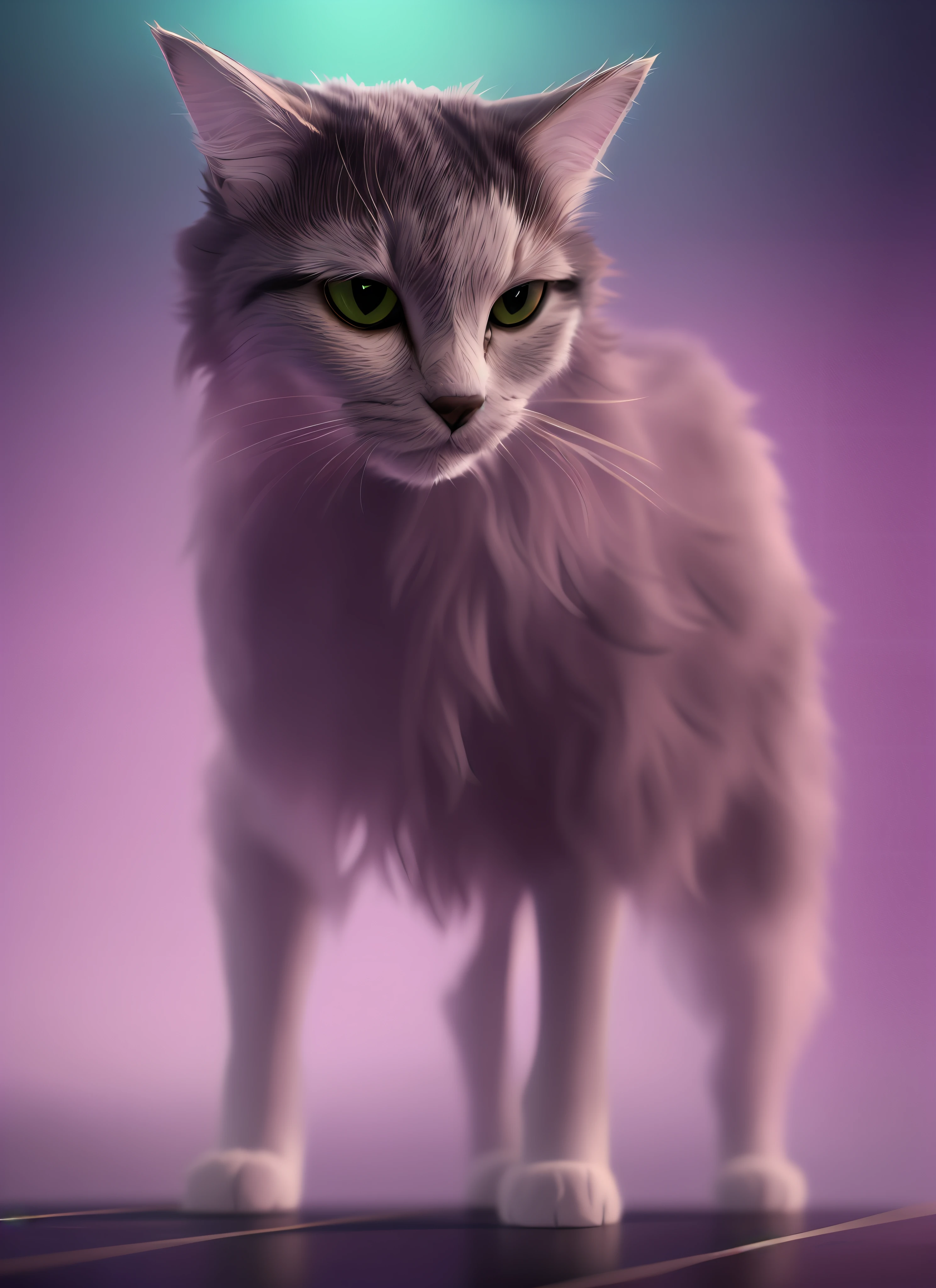 there is a cat that is standing on a table, cat. digital painting, dramatic cinematic detailed fur, furry digital art, twilight ; digital painting, low detailed. digital painting, soft digital painting, smooth. digital painting, ashfur from warrior cats, digital art animal photo, purple cat, realistic. detailed fur, soft 3d render, furry character portrait