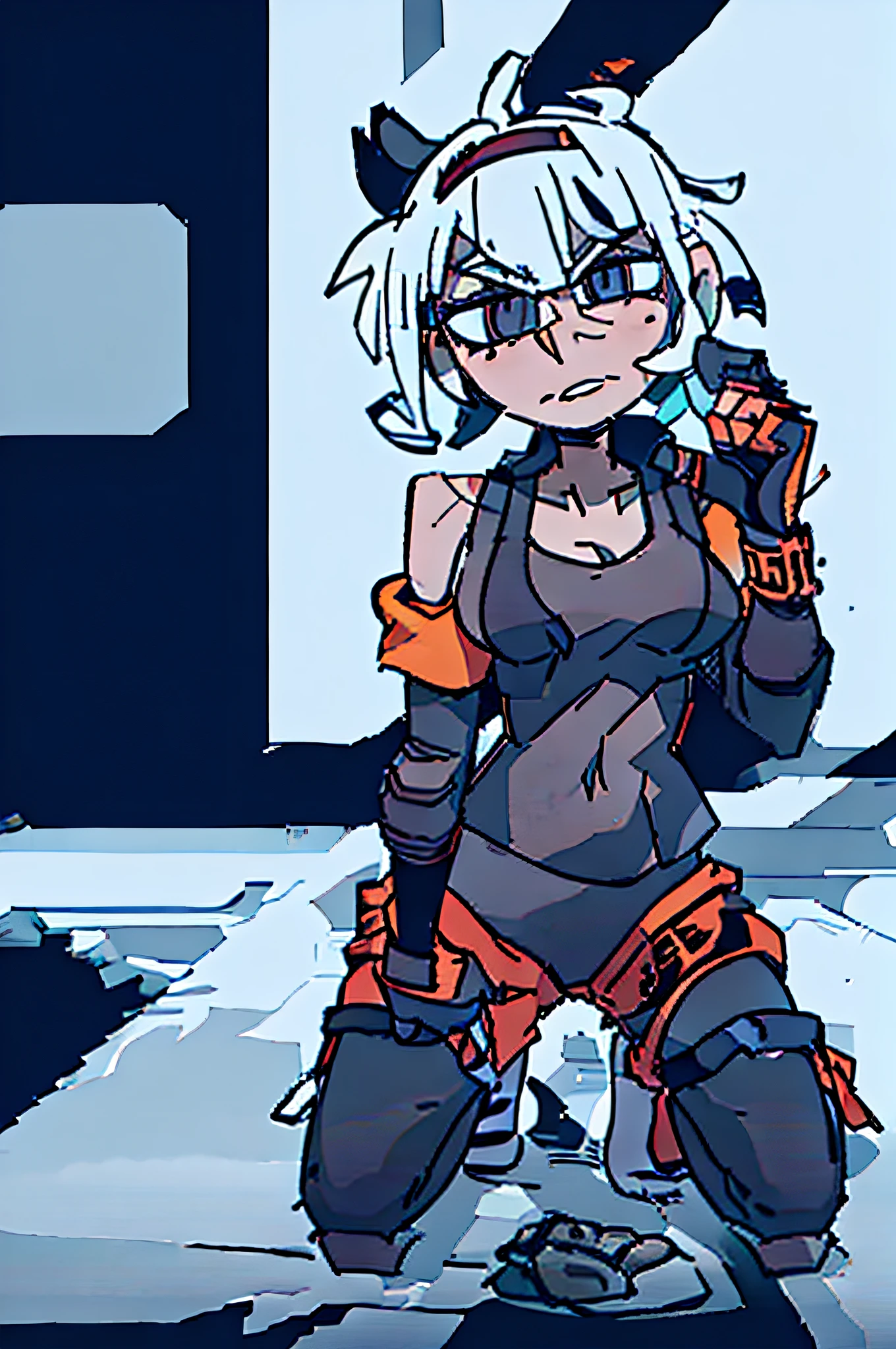 masterpiece, best quality, {{{ bea (pokemon)}}}, {{flat style}}, {simple colors}, 1girl, ,bangs,barefoot,black hairband,blonde hair,blush,bodysuit,bodysuit pull,bow hairband,breasts,bright pupils,collarbone,covered navel,dynamax band,eyelashes,gloves,grey eyes,hair between eyes,hairband,kneeling,looking at viewer,off shoulder,outline,parted lips,pulled by self,short hair,signature,single glove,solo,toes,