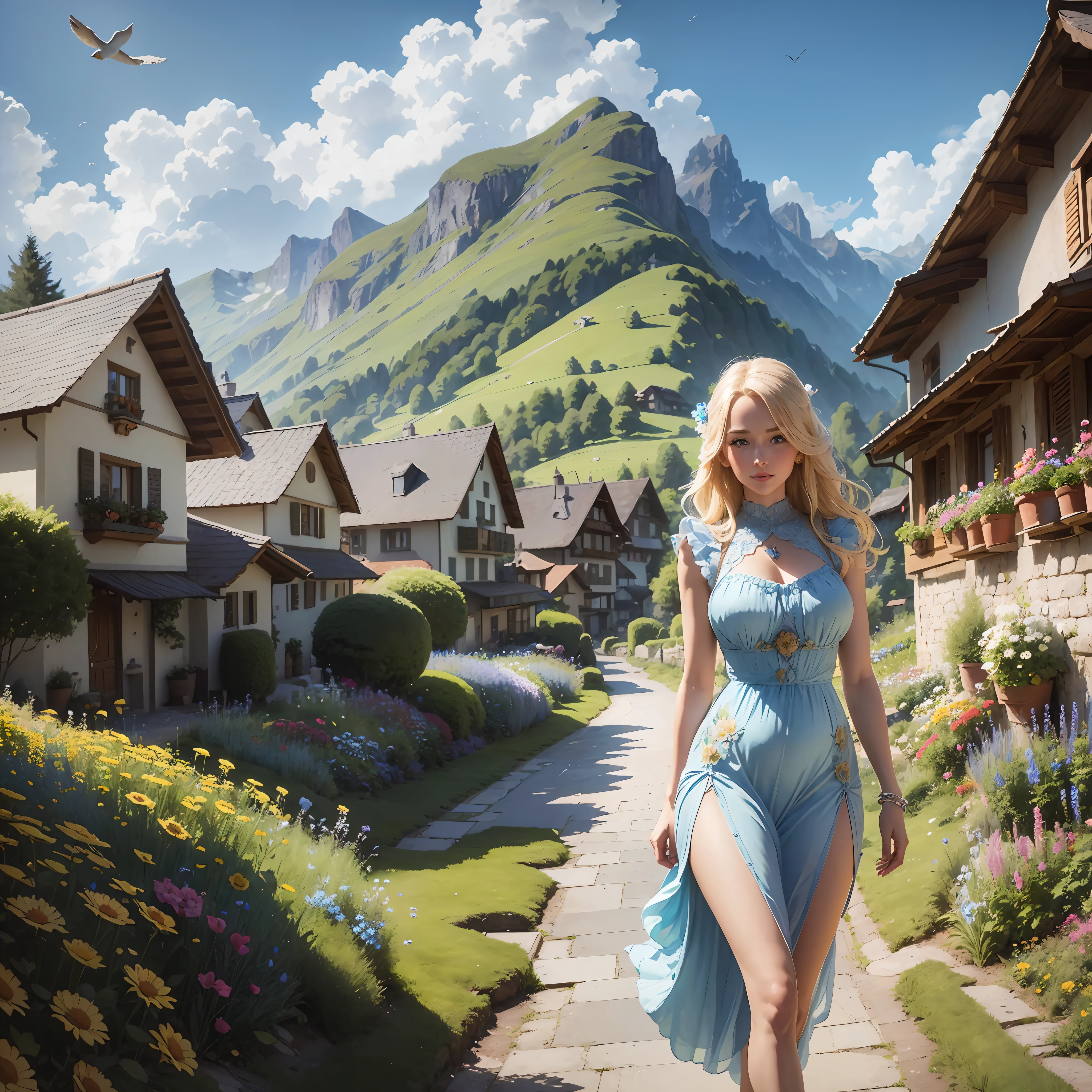 Lovely blonde woman walking through flower bed in Swiss mountains, blue eyes, wearing a tight blue thigh slit sundress with flowers on her hourglass figure, content face, serene, birds flying in sky, sunshine, blue sky, green grass, houses far off in the distance, hdr, 8k, candid photograph