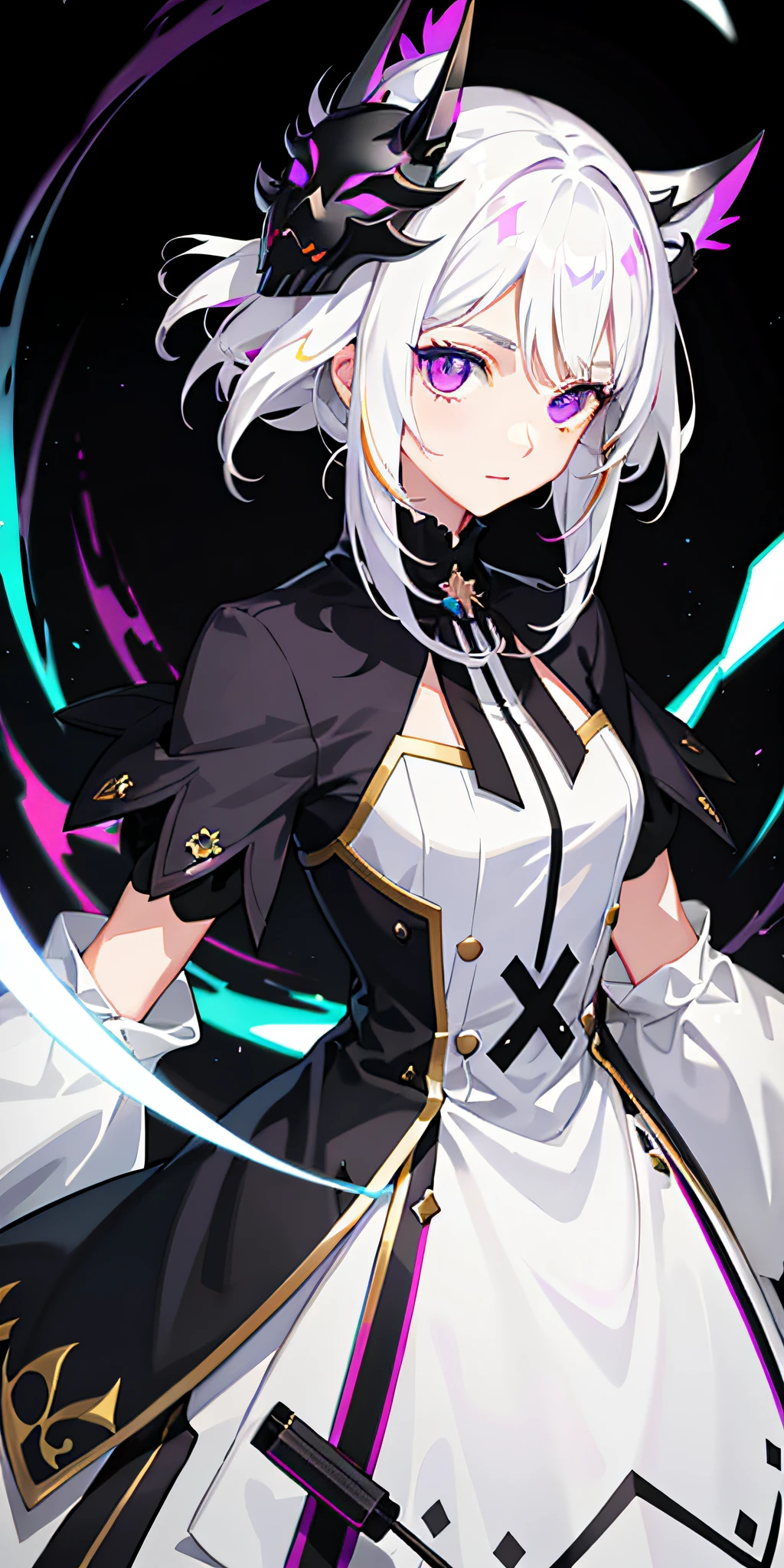 1girl, white hair, multicolored hair, purple eyes, mask on head, sidelighting, light particles, wallpaper,