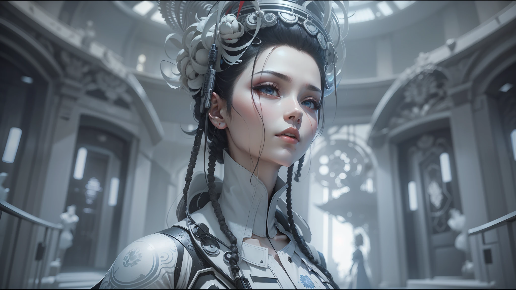 arafed woman in red dress holding a gun in a hallway, cinematic art shot, inspired by Shūbun Tenshō, futuristic fashion show, the empress’ swirling gardens, symmetry feature, by Watanabe Kazan, symmetrical artwork. cinematic, by Antoni Pitxot, 2049, by Zou Zhe --ar 16:9 --auto --s2