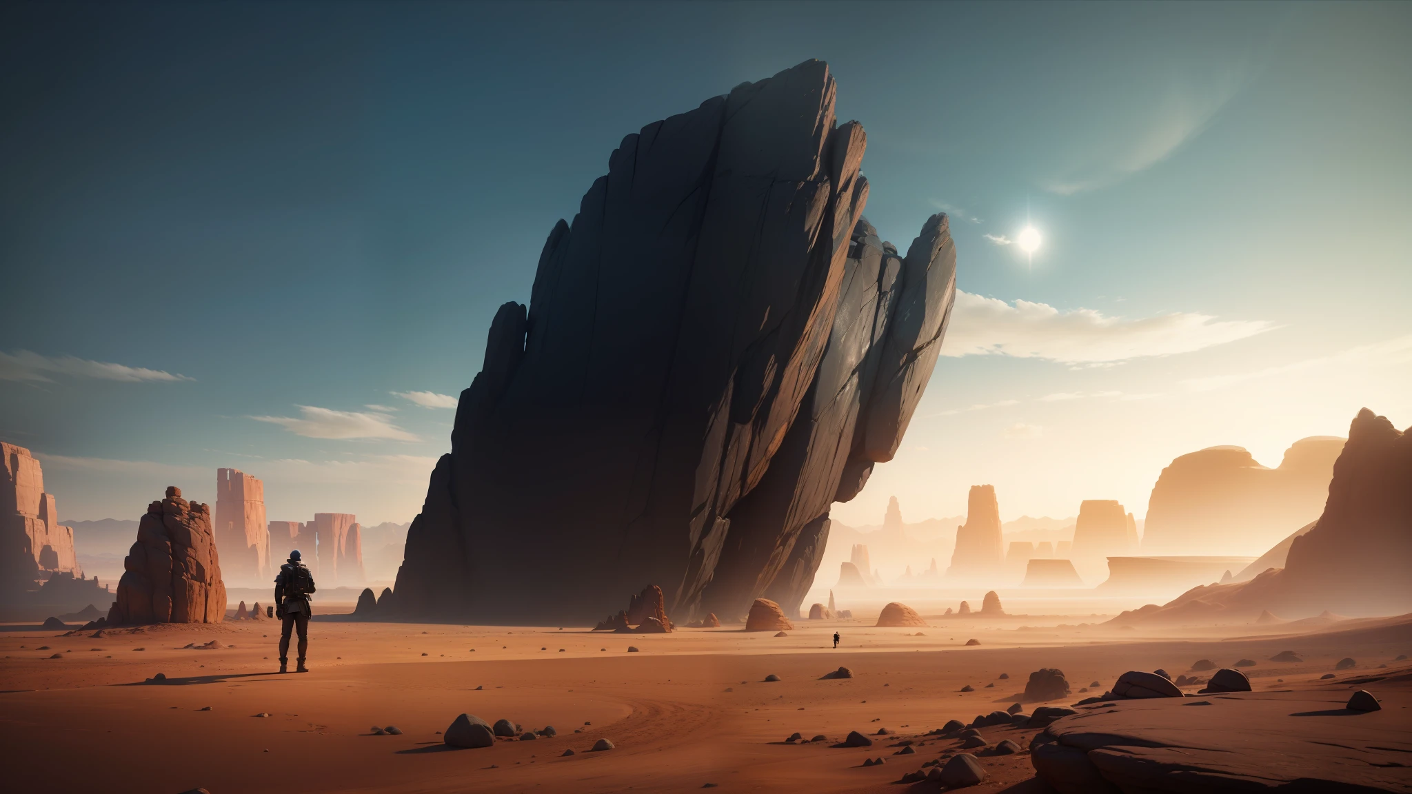 there is a man standing in the desert looking at a rock, behance 3d, solo performance unreal engine, gorgeous digital art, inspired by Douglas Robertson Bisset, symmetrical fantasy landscape, giant rocks, anamorphic lens flares, inspired by Terry Oakes, 3 dmax --auto --s2