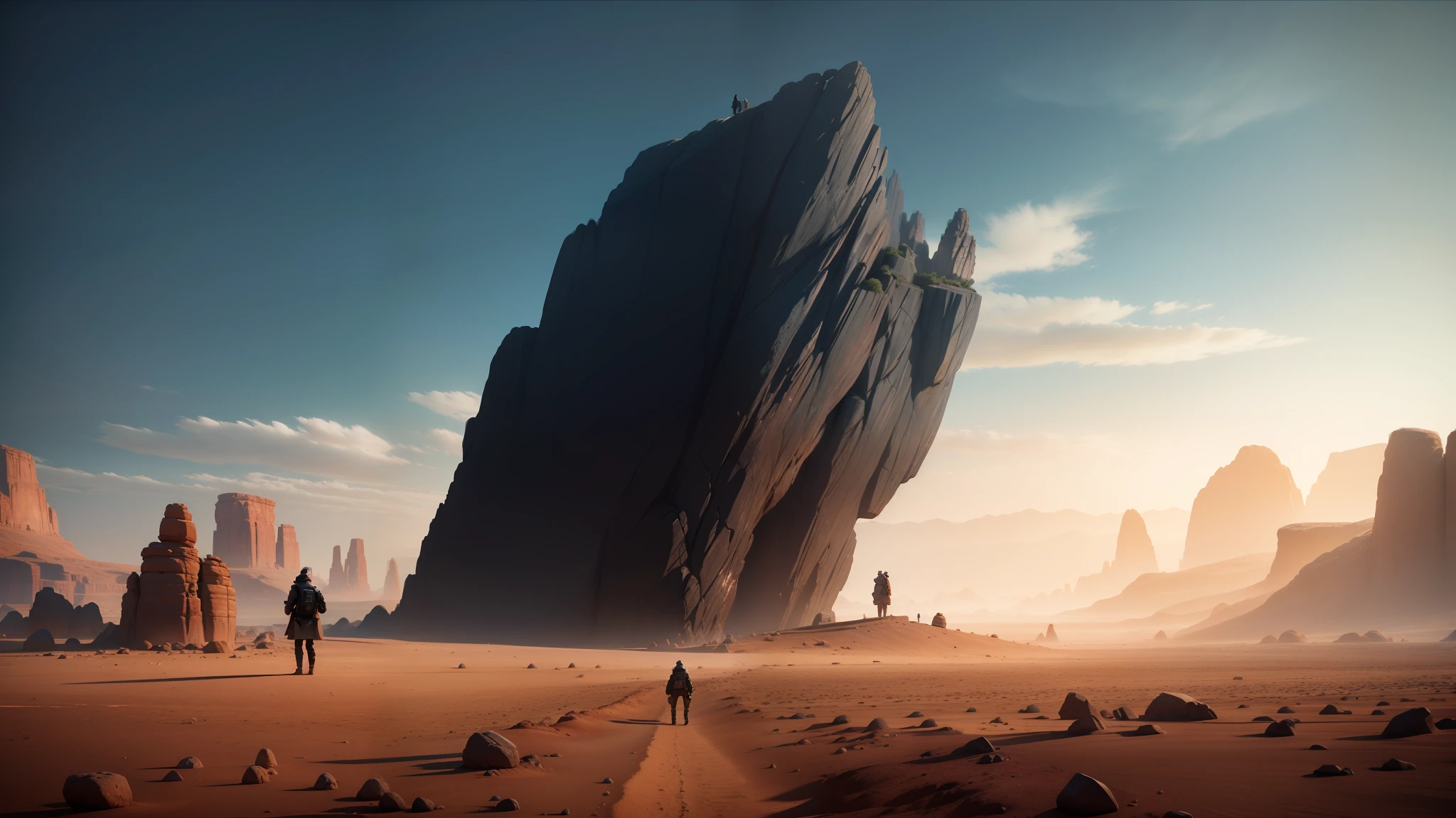 there is a man standing in the desert looking at a rock, behance 3d, solo performance unreal engine, gorgeous digital art, inspired by Douglas Robertson Bisset, symmetrical fantasy landscape, giant rocks, anamorphic lens flares, inspired by Terry Oakes, 3 dmax --auto --s2