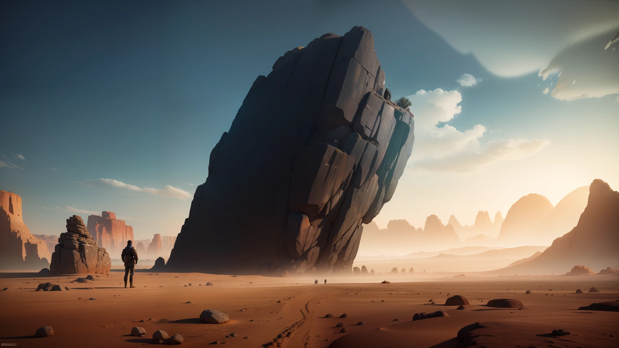 there is a man standing in the desert looking at a rock, behance 3d, solo performance unreal engine, gorgeous digital art, inspired by Douglas Robertson Bisset, symmetrical fantasy landscape, giant rocks, anamorphic lens flares, inspired by Terry Oakes, 3 dmax --auto --s2