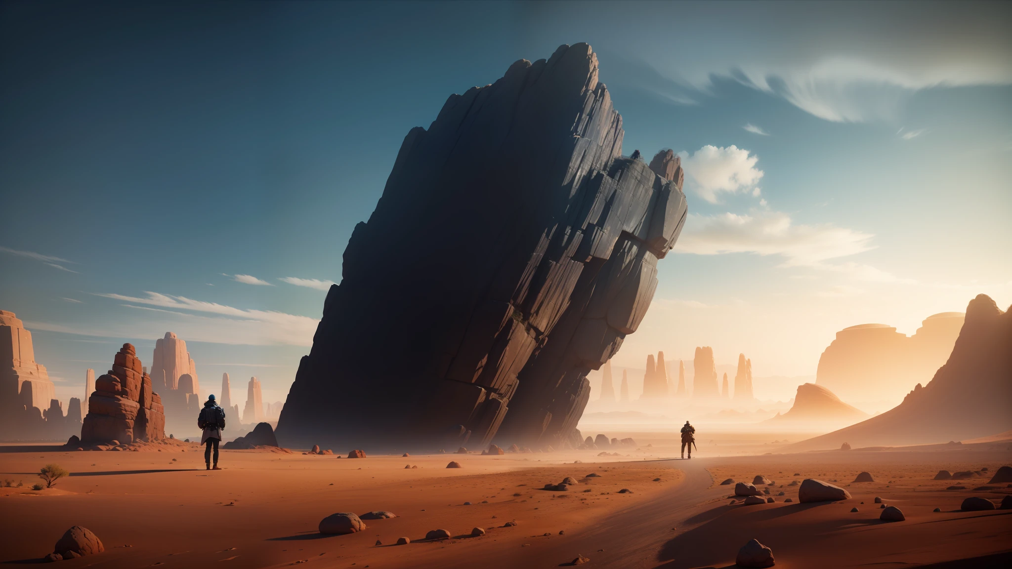 there is a man standing in the desert looking at a rock, behance 3d, solo performance unreal engine, gorgeous digital art, inspired by Douglas Robertson Bisset, symmetrical fantasy landscape, giant rocks, anamorphic lens flares, inspired by Terry Oakes, 3 dmax --auto --s2