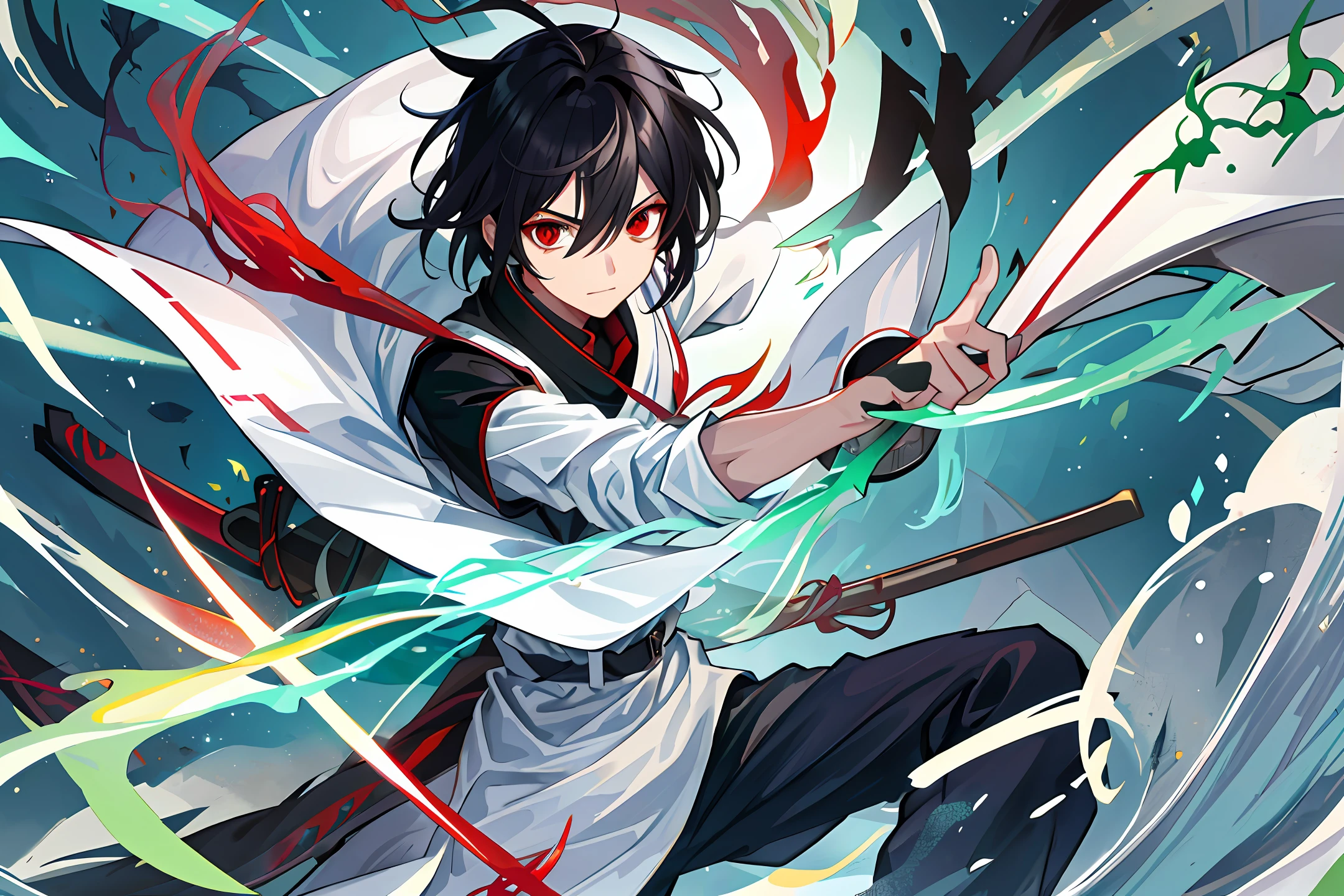 Two-dimensional, black-haired boy, white and green clothes, red eye tail cold, high cold, swordsman, dragon horn, anime ager, perfect facial proportions, 4K quality, shy expression