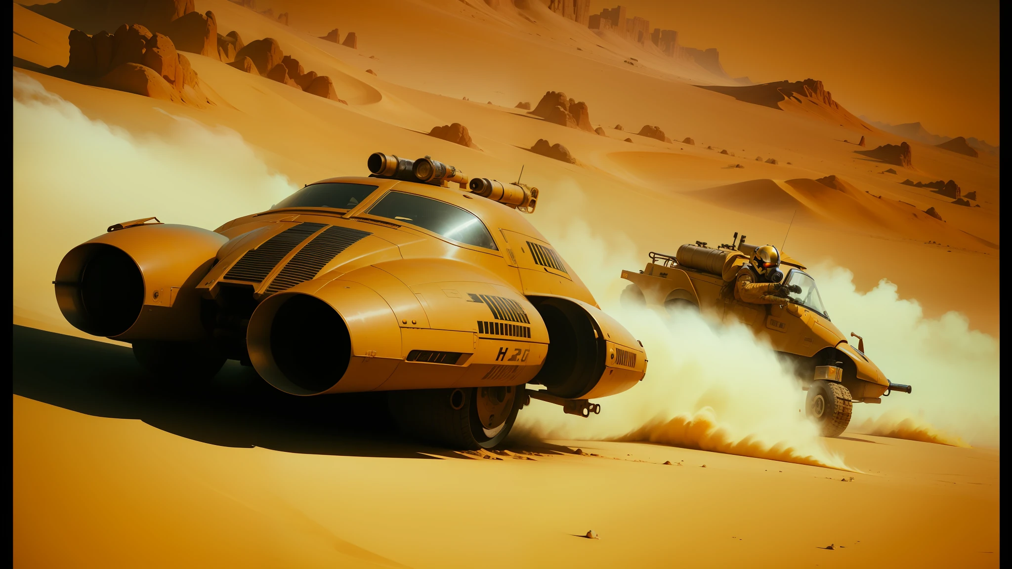 there is a man in a gas mask riding a vehicle with a gun, star wars concept art, in the style of tom bagshaw, speedy aircraft, crossing the desert, promotional images, film still from star wars, war boys, promotional render, flamethrower, winged helmet --ar 16:9 --auto --s2