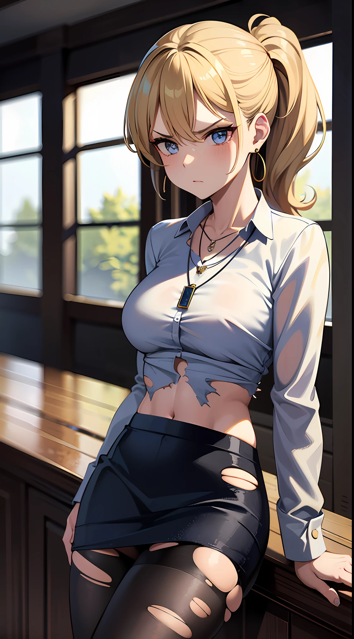 1girl, masterpiece, best quality, medium full shot, blonde ponytail, ((buttoned shirt, necklace, earrings, sexy body, thighs)), angry, busty, pantyhose, skirt, (torn clothes:1.4)