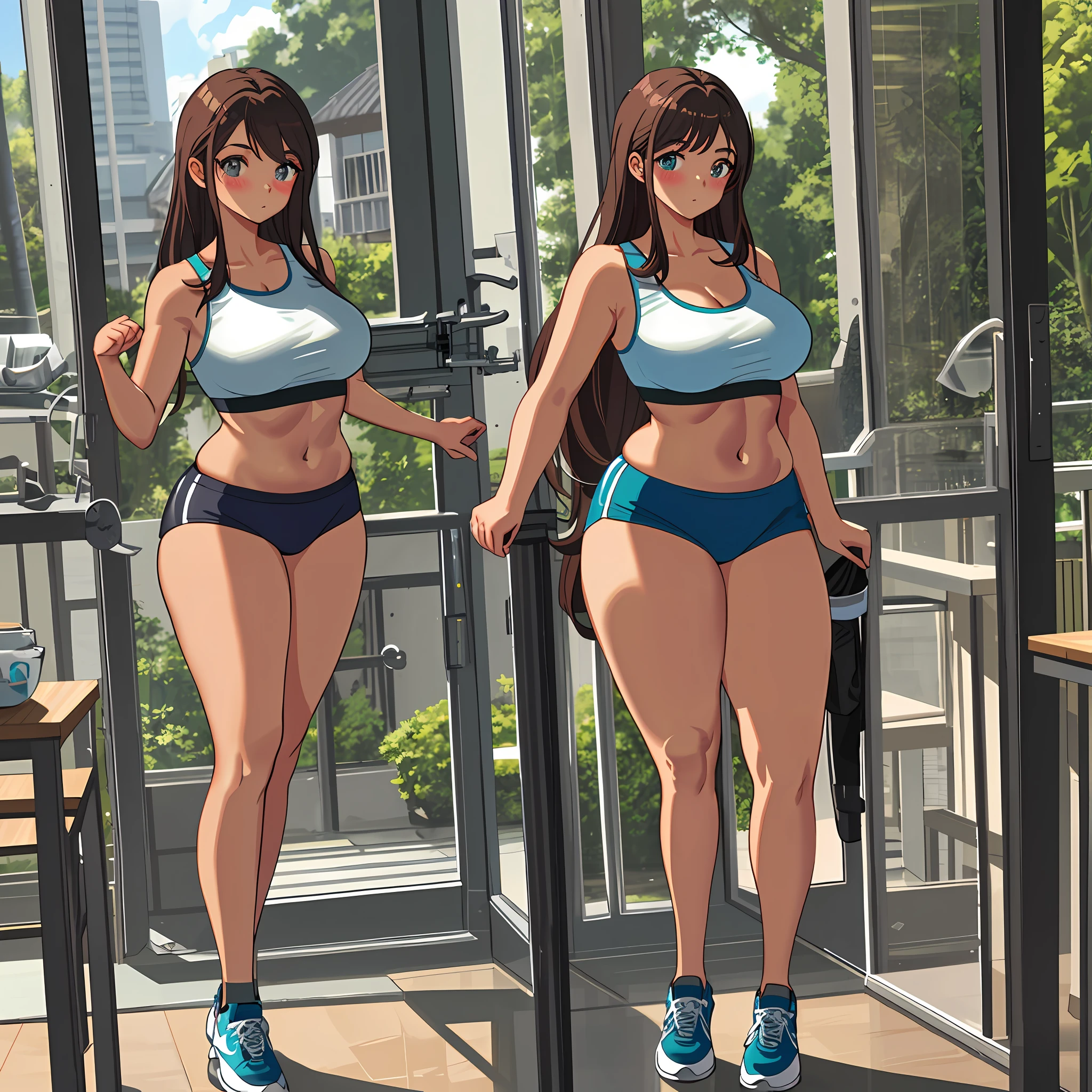 Masterpiece, perfect lighting, a girl standing, medium breasts, thick thighs, wide hips, dolphin shorts, sports bra, blush, seductive look, stockings