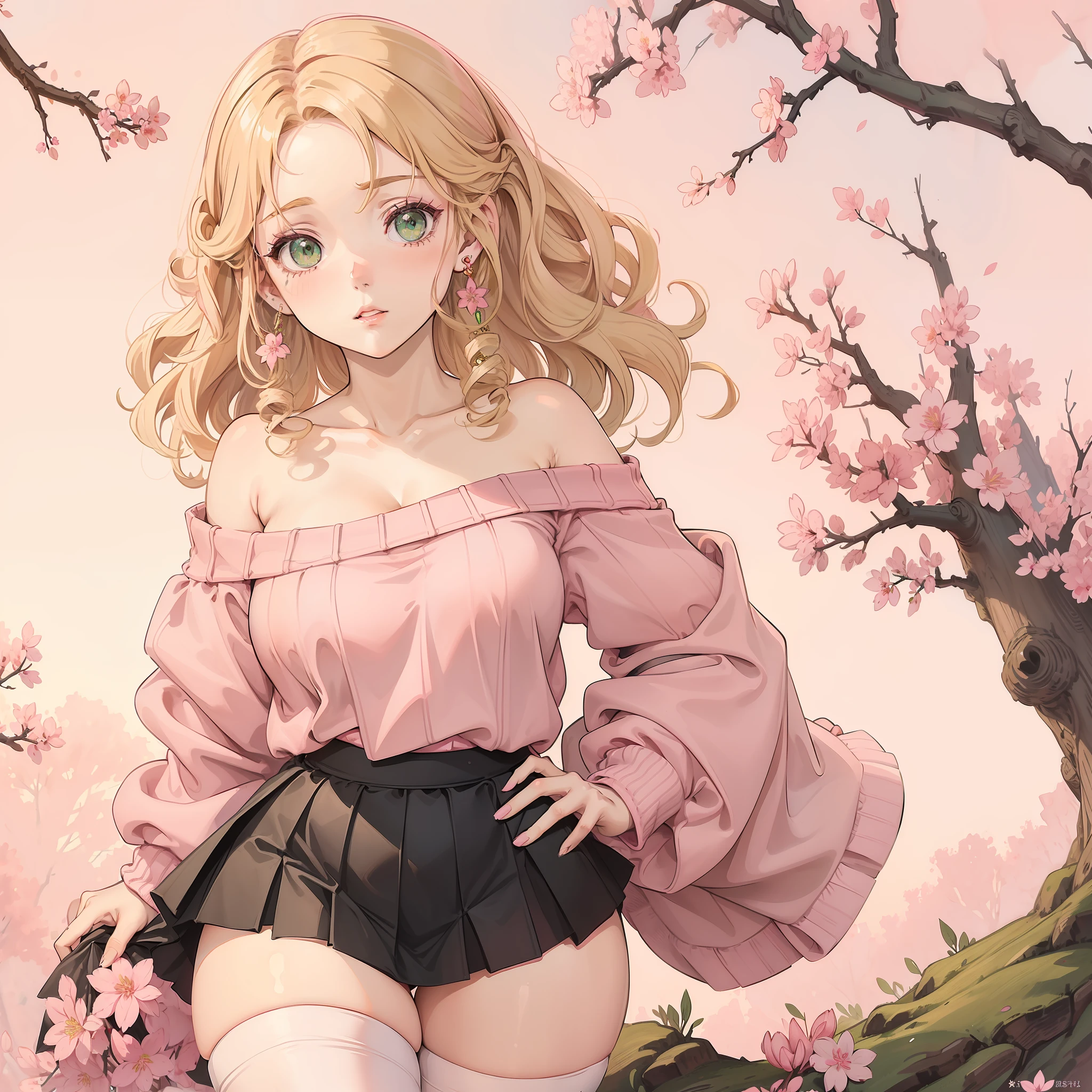 (1girl), (thick thighs), (big hips), (blonde curly hair:1.1), (green eyes:1.1), (off-shoulder pink sweater), (black skirt), (pink and white stockings), (pink nails), (under sakura trees), (facing camera), (best quality), (small chest), (pink flower earrings)