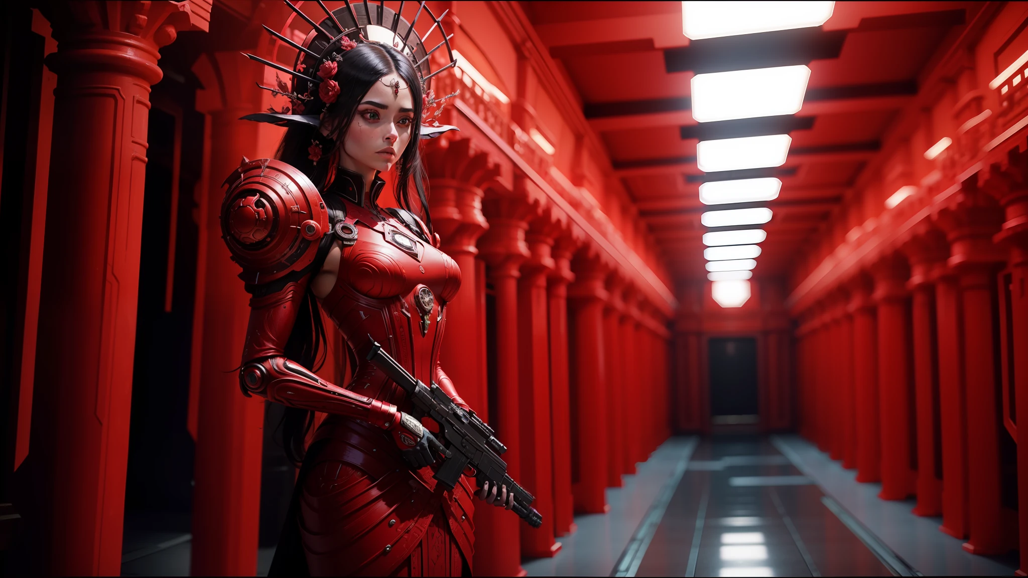 there is a woman in a black dress standing in a room, still from alita, ornate cyberpunk interior, red biomechanical details, standing in a server room, afrofuturistic, gemini, white cyborg fashion shot, discord, 2018 cinematography, inspired by Igor Kieryluk, the empress’ swirling gardens, porcelain japanese mannequins, still frame from prometheus --ar 16:9 --auto --s2