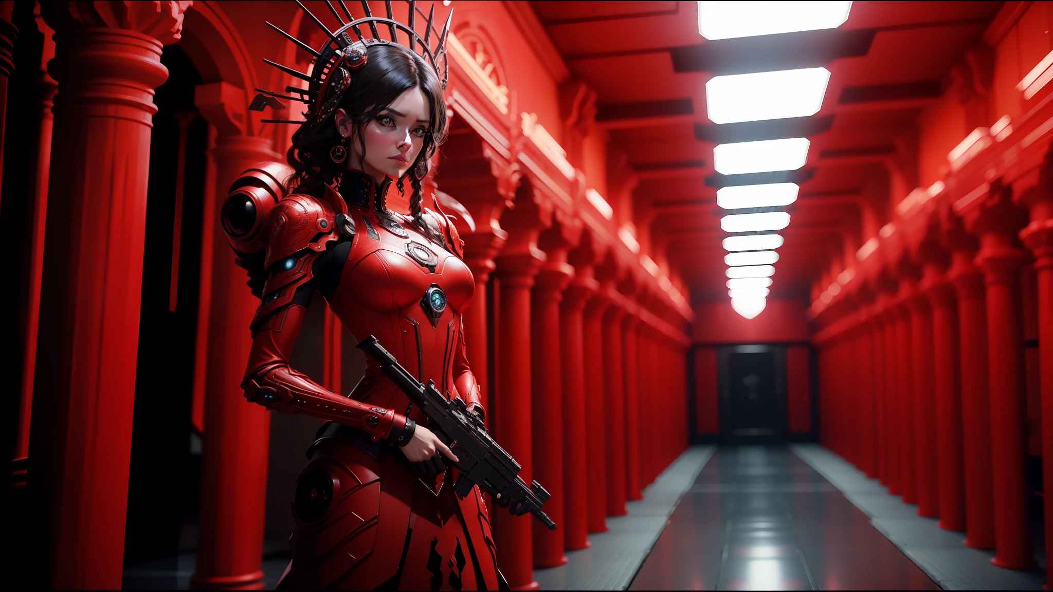 there is a woman in a black dress standing in a room, still from alita, ornate cyberpunk interior, red biomechanical details, standing in a server room, afrofuturistic, gemini, white cyborg fashion shot, discord, 2018 cinematography, inspired by Igor Kieryluk, the empress’ swirling gardens, porcelain japanese mannequins, still frame from prometheus --ar 16:9 --auto --s2